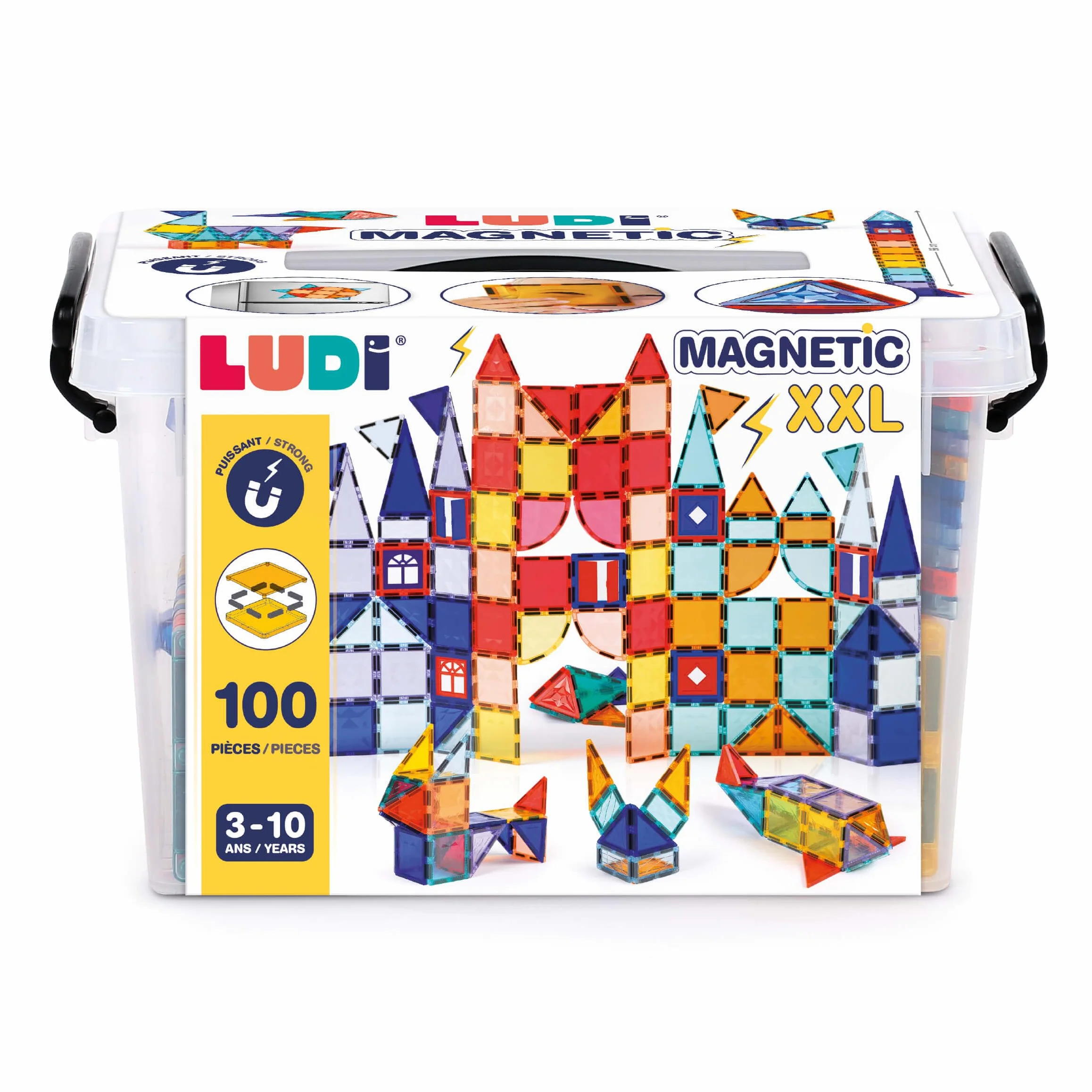 LUDI Construction Magnétique XXL Jeu de Construction 3D 100 Pièces Aimantées Valisette de Transport