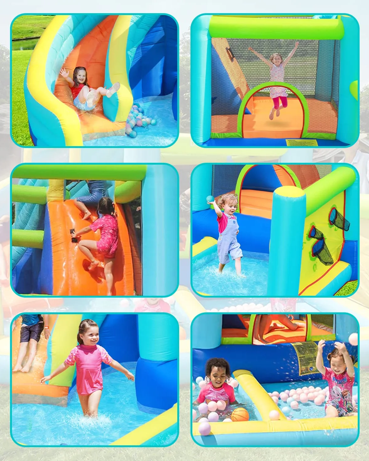 Château Gonflable Parc Aquatique pour Enfants avec Toboggan Trampoline Pataugeoire Mur d'escalade Panier de Basket Grand Jardin Extérieur 4 Enfants