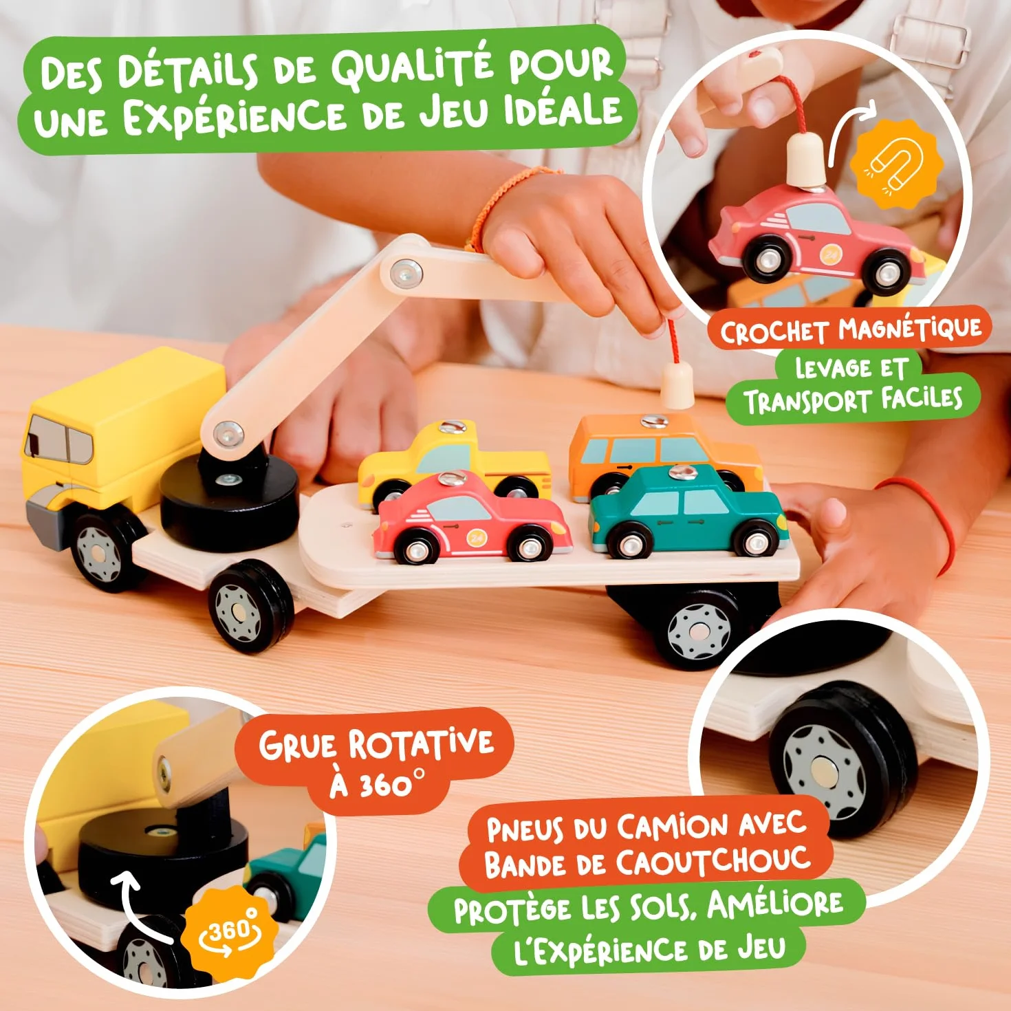 Camion Magnétique en Bois Nene Toys avec 4 Voitures et Grue – Jouet Montessori dès 2 Ans – Véhicules Interactifs Éducatifs
