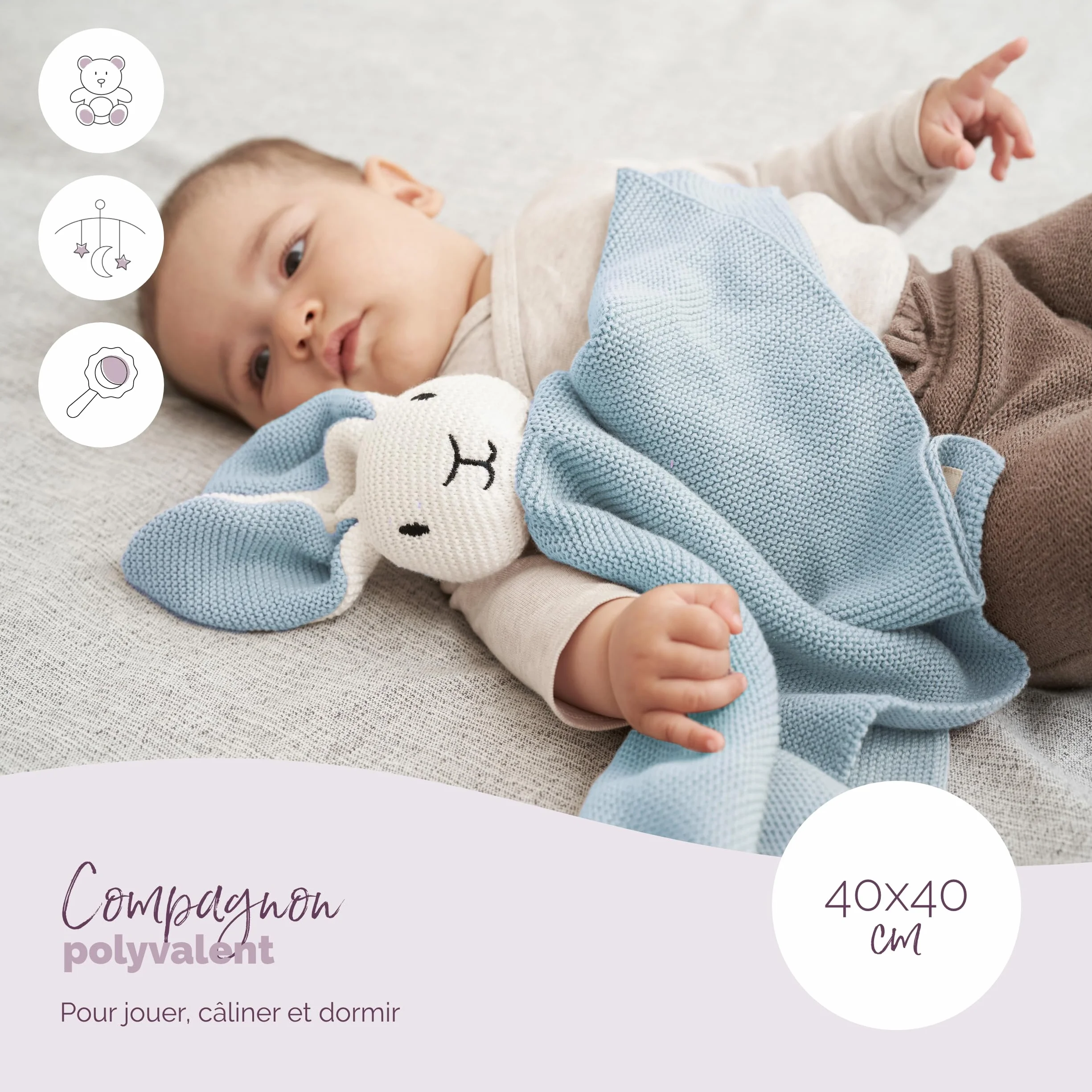 Livella Doudou Lapin Bébé avec Chaussettes Coton Bio GOTS Tricot Doux Couverture Fine 40x40cm Hypoallergénique