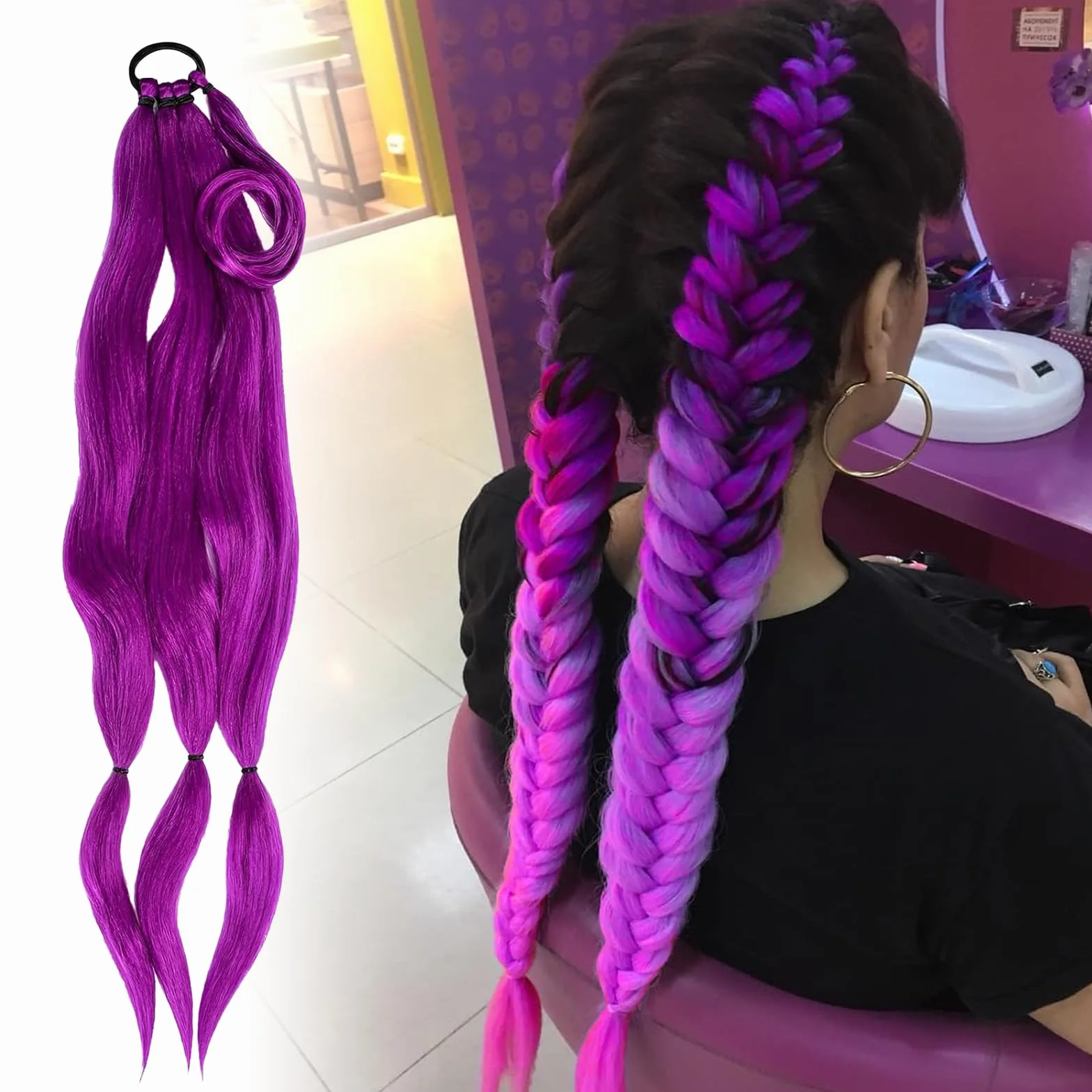 Perruque Violette Enfant 80 cm Tressée Kpop Cosplay Halloween