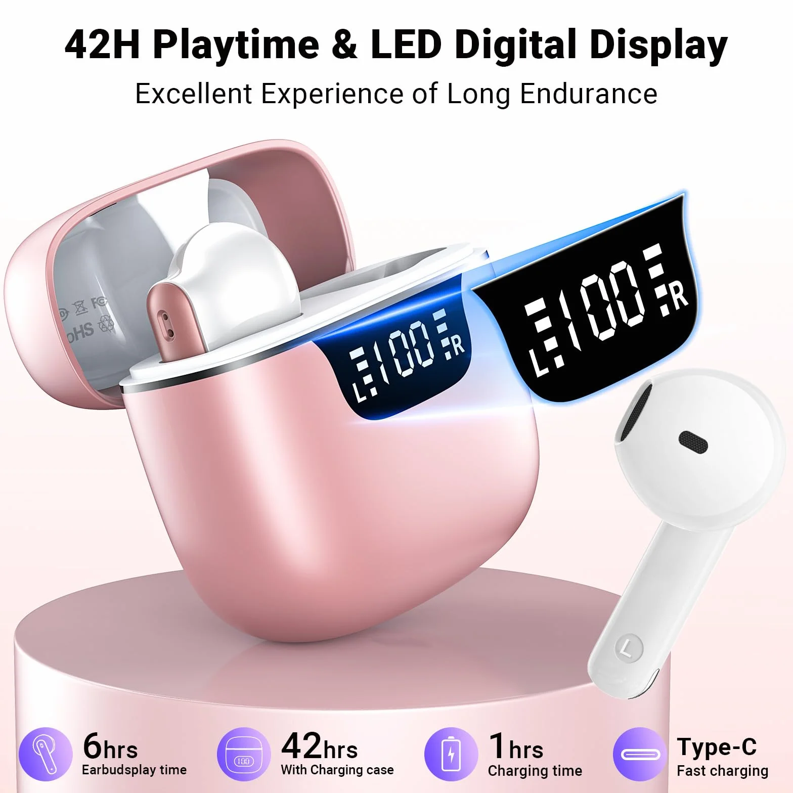 Écouteurs Bluetooth sans Fil 5.4, ENC Réduction Antibruit Mic HiFi Stéréo IPX6 Étanche 42H Durée Écran LED Contrôle Tactile pour iOS Android, Rose