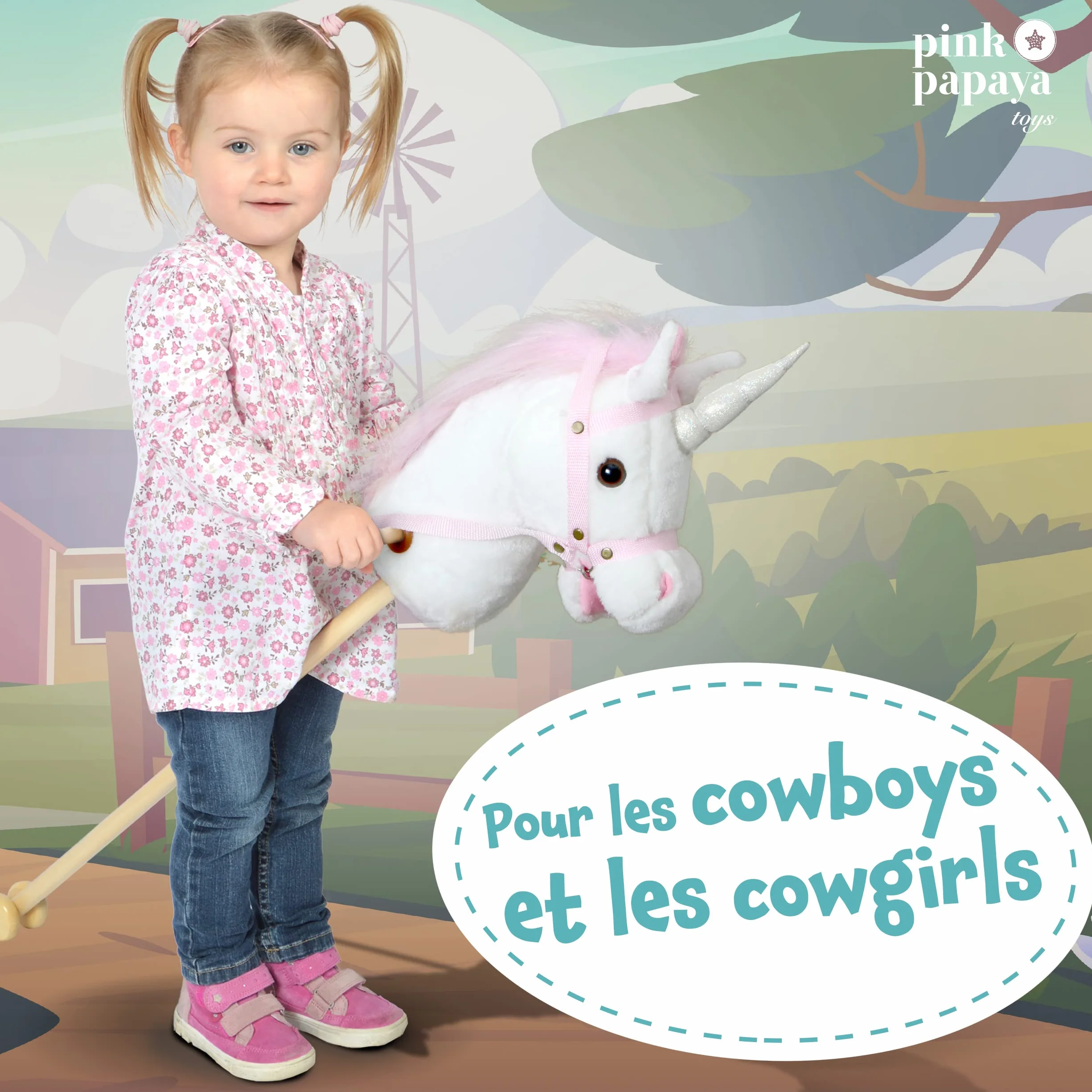 Pink Papaya Cheval bâton Hobby Horse avec tête de Cheval en Peluche Effet sonore hennissement Galop
