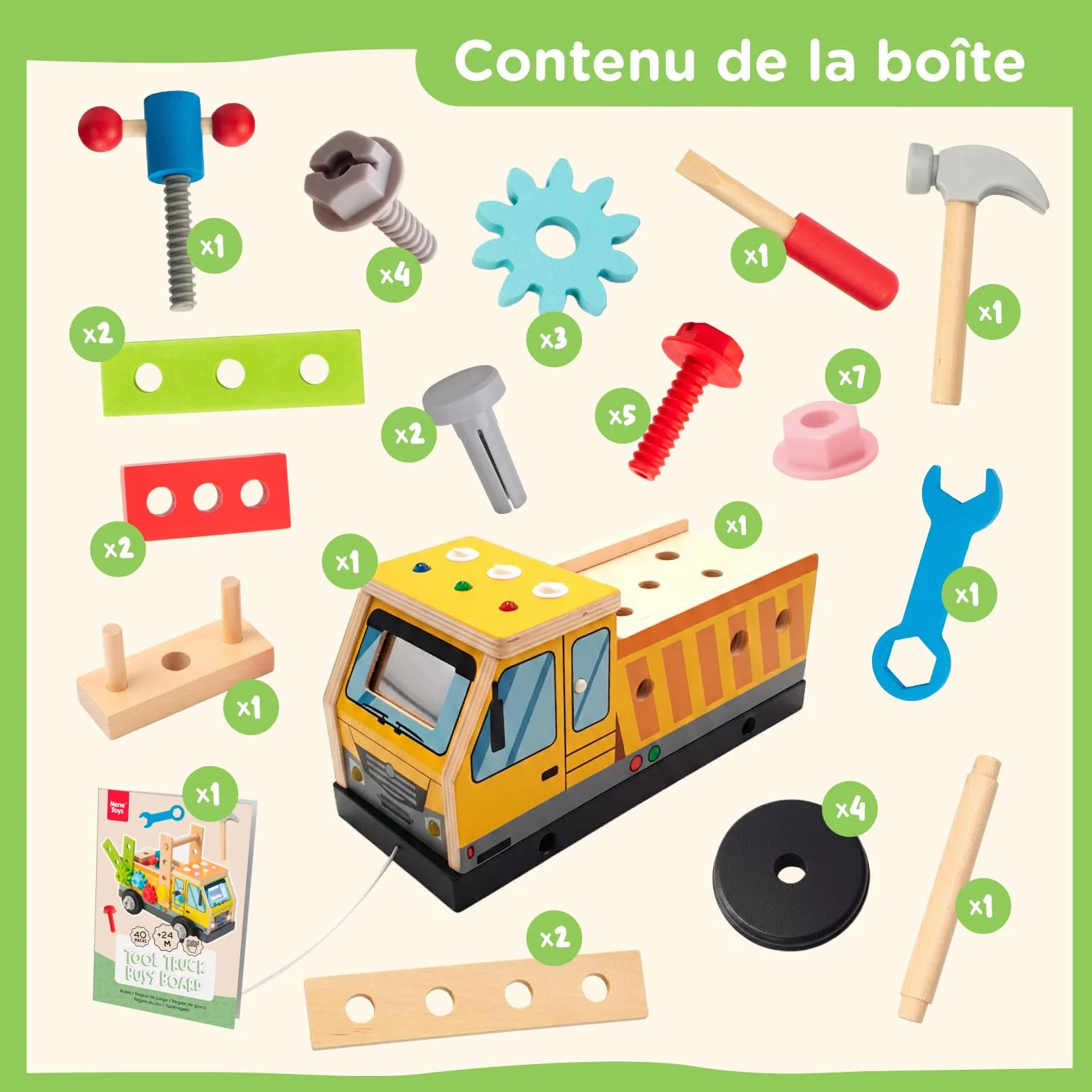 Nene Toys Camion Busy Board Montessori – Tableau d’Activités & Caisse à Outils en Bois FSC® avec 3 Interrupteurs LED, 8 Modes – Jouet à Tirer, Construction, Motricité, 2-6 Ans