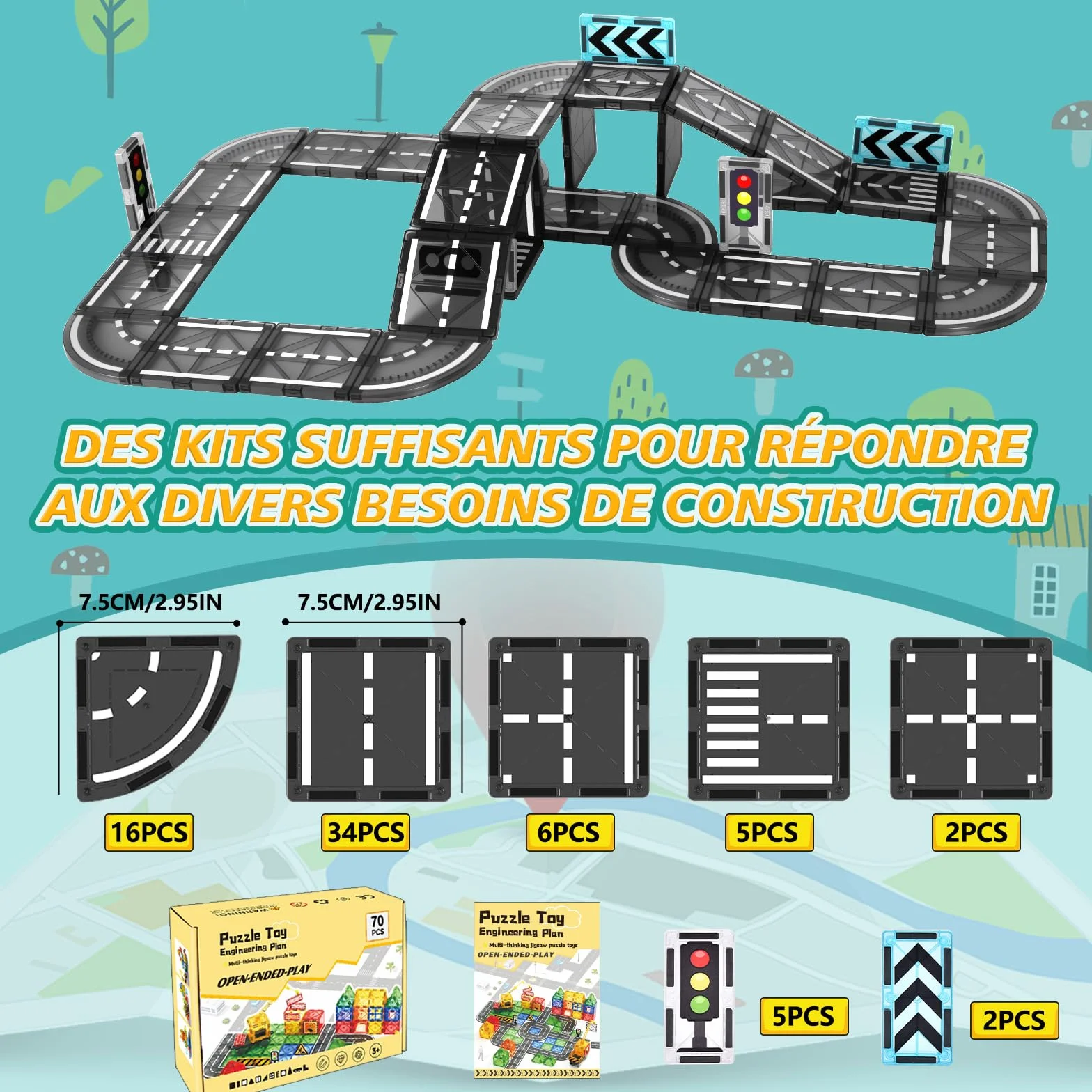 BuzzoXerex Construction Magnetique Route 70 Pièces Magnetic Tiles Enfant Éducatifs Cadeau 3 4 5 6 Ans