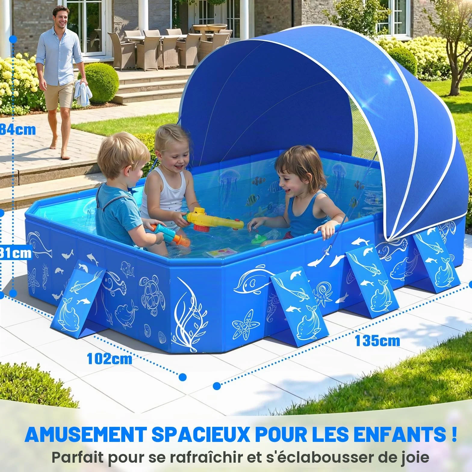 KingSom Piscine Rectangulaire Enfants avec Auvent, Pliable Pare Soleil Anti UV, 135 x 102 x 31 cm