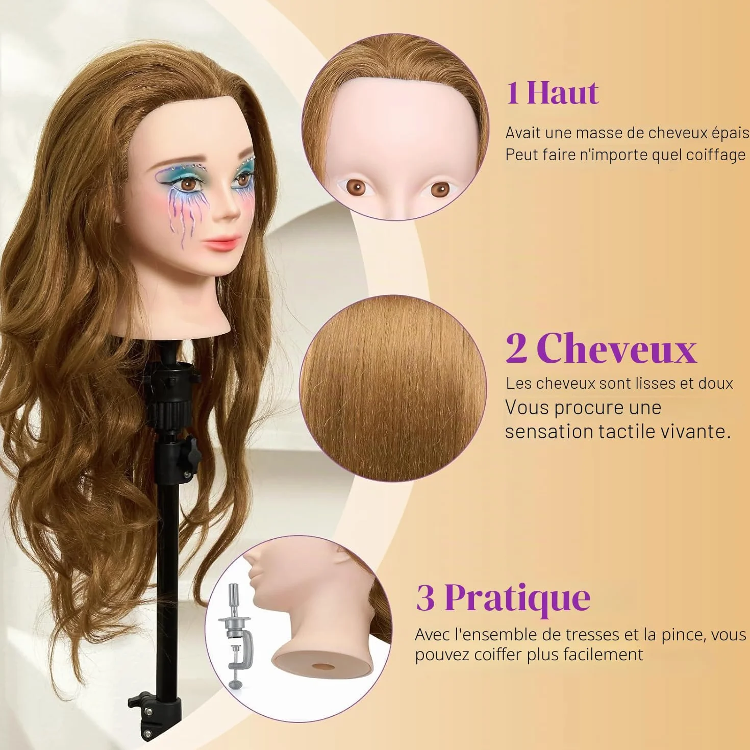 Neverland 24" Tete a Coiffer Professionnelle avec Support Tête de Maquillage 80% Cheveux Naturel Tête de Coiffure