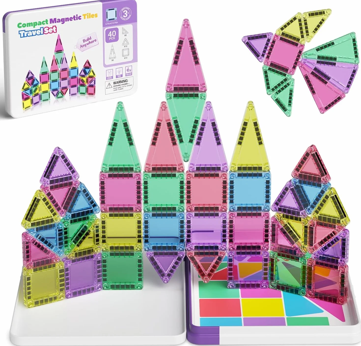 Blocs Magnétiques de Voyage 40 Pièces - Mini Tuiles Magnétiques Jouets STEM Montessori pour Enfants 3 Ans et Plus