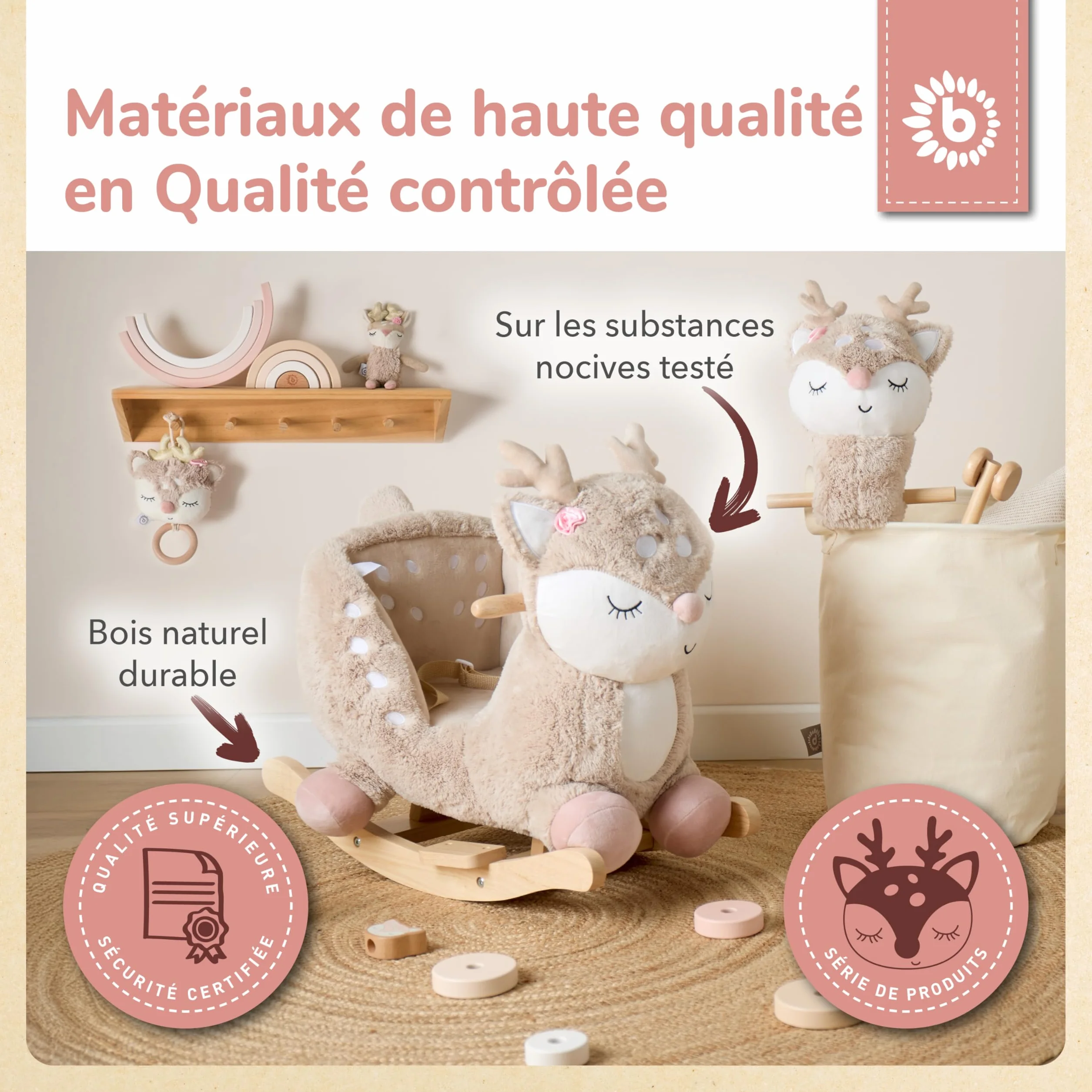 Bieco Lapin à bascule en peluche 60 cm avec ceinture de sécurité pour enfant dès 9 mois