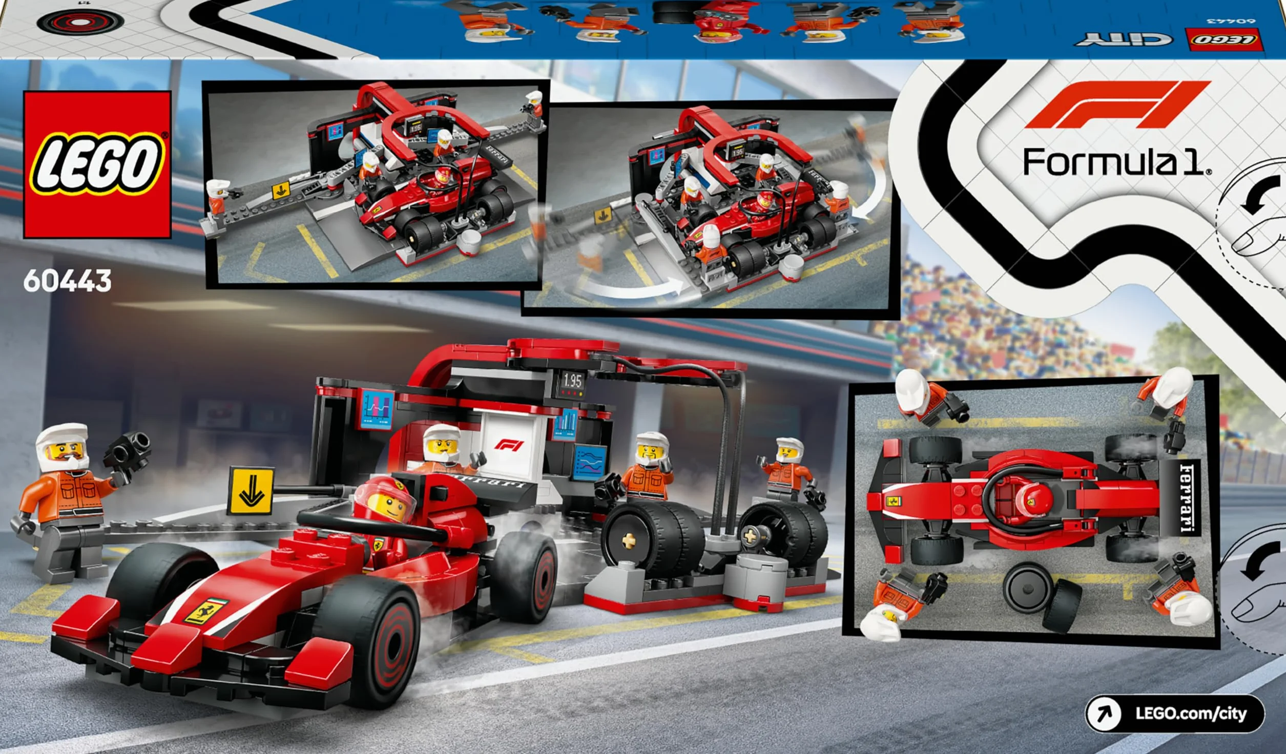 LEGO City Arrêt au Stand de F1 avec Voiture Ferrari - Jeu de Construction Formule 1 Pit Stop, Minifigurine Pilote & 4 Mécaniciens 60443