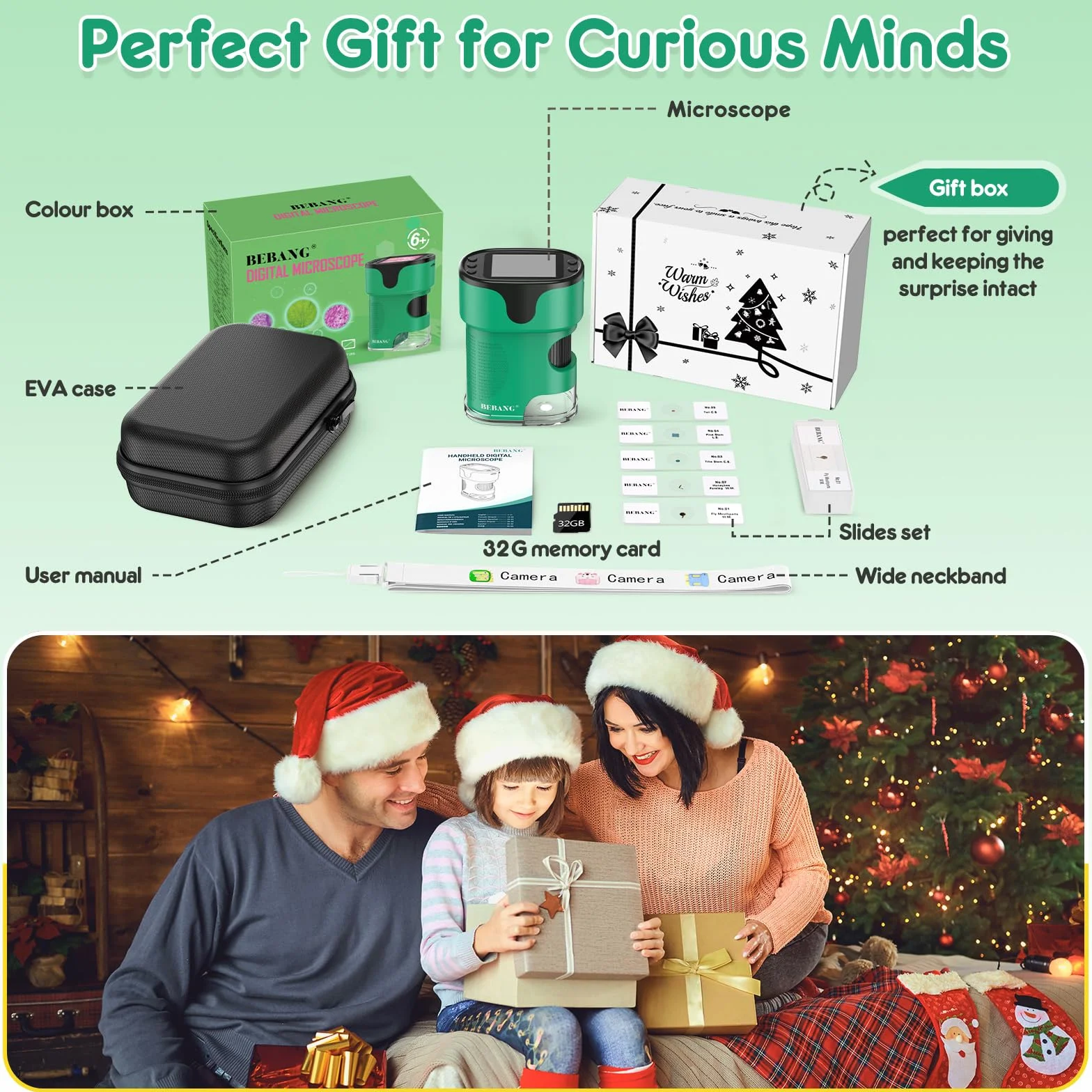 Microscope Enfant Kit Complet Microscopes de Poche Numérique Écran 4K Rechargeable Portable Cadeau Jouets Éducatif 4-12 Ans Carte 32Go Coffret EVA Lames Préparées