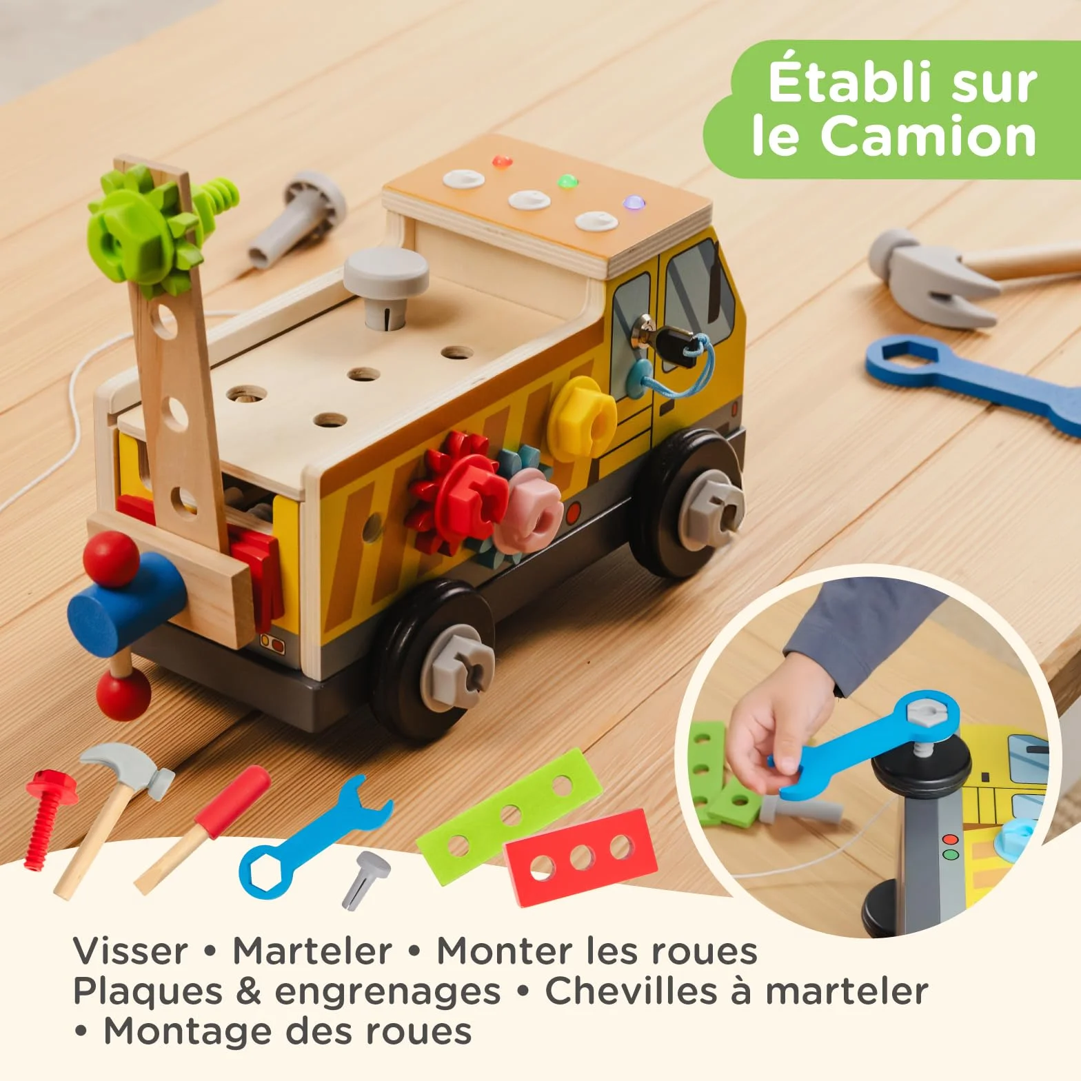 Nene Toys Camion Busy Board Montessori – Tableau d’Activités & Caisse à Outils en Bois FSC® avec 3 Interrupteurs LED, 8 Modes – Jouet à Tirer, Construction, Motricité, 2-6 Ans