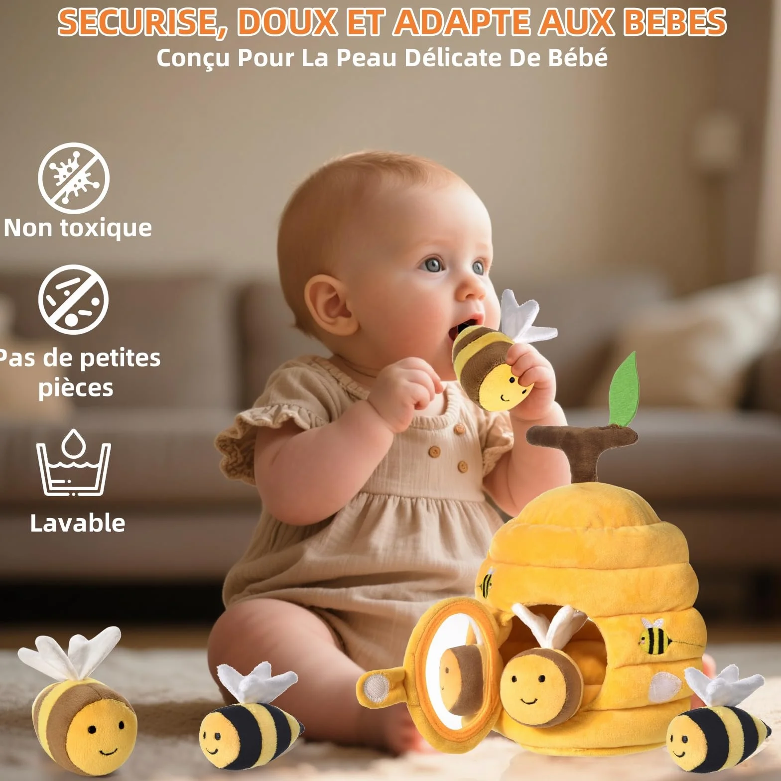 VORENUS Jouet Bebe 6 Mois, 6-en-1 Ruche en Peluche avec 5 Abeilles, Jeux Montessori