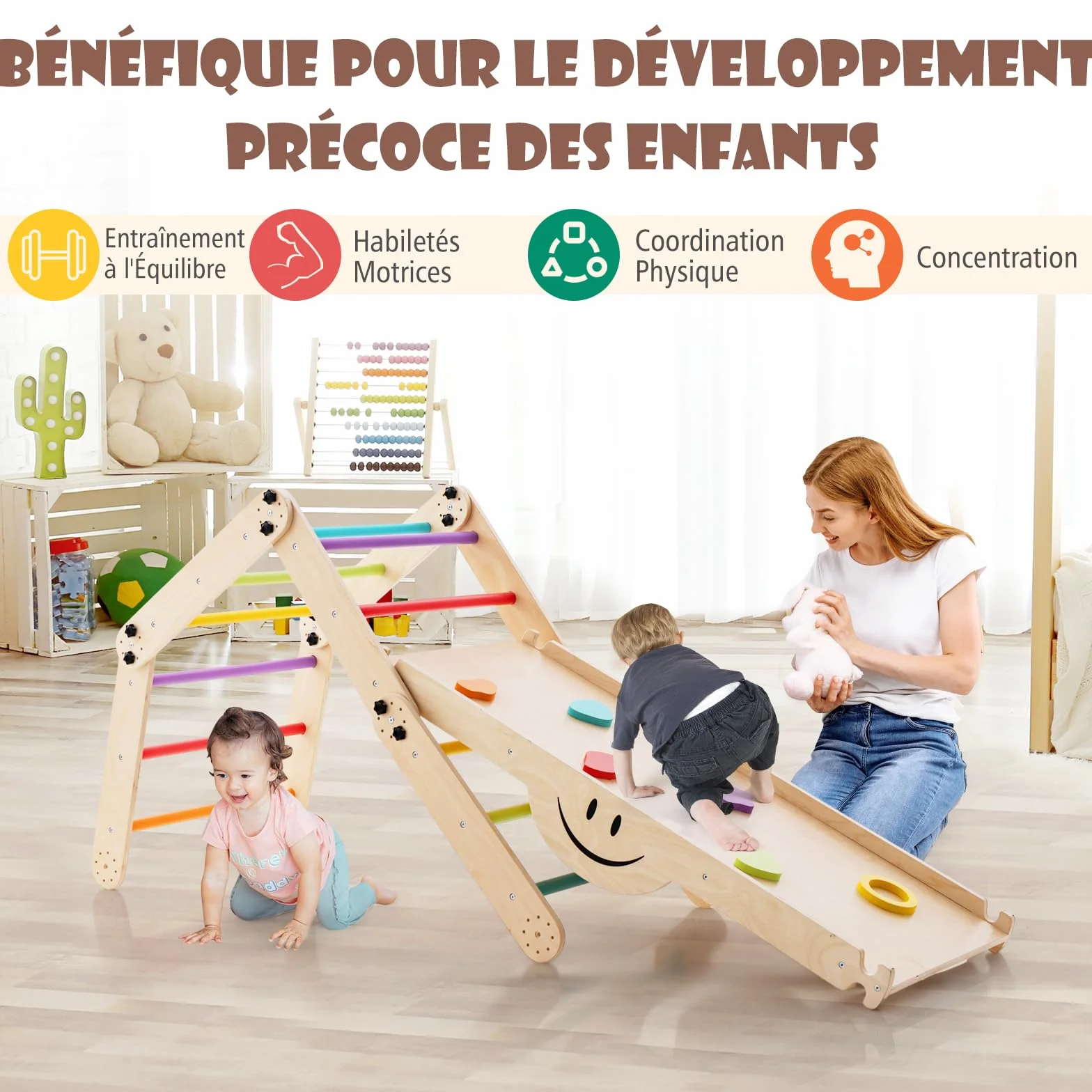 GOPLUS 7 en 1 Triangle Escalade Enfant Montessori en Bois avec Échelle Modulable, Rampe d'escalade Réversible, Charge 60KG