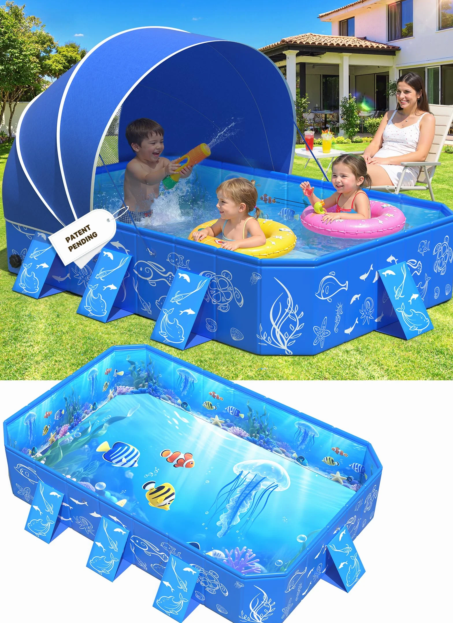 KingSom Piscine Rectangulaire Enfants avec Auvent, Pliable Pare Soleil Anti UV, 135 x 102 x 31 cm