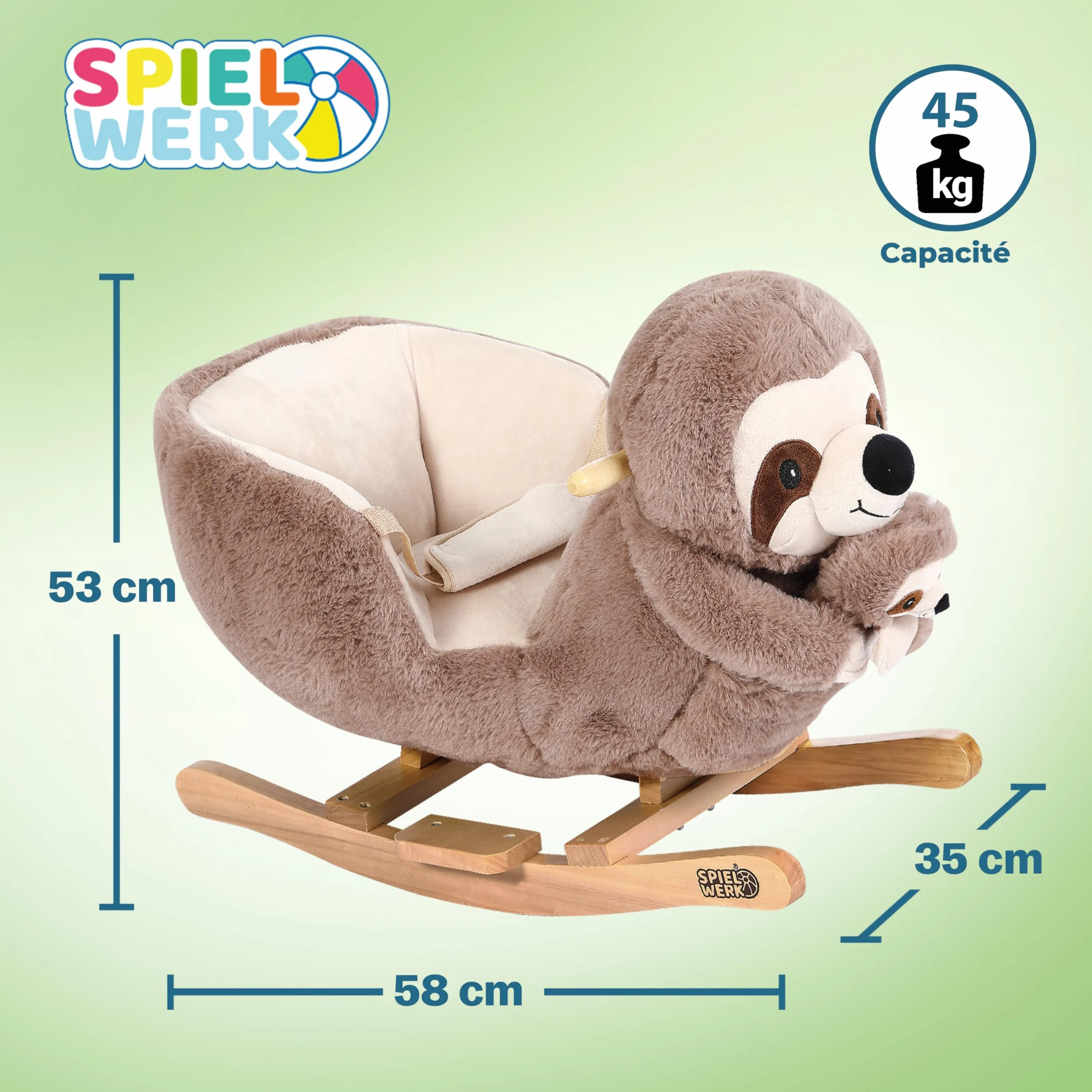 SPIELWERK® Paresseux à Bascule Animal en Peluche avec Ceinture Sécurité et Fonction Sonore