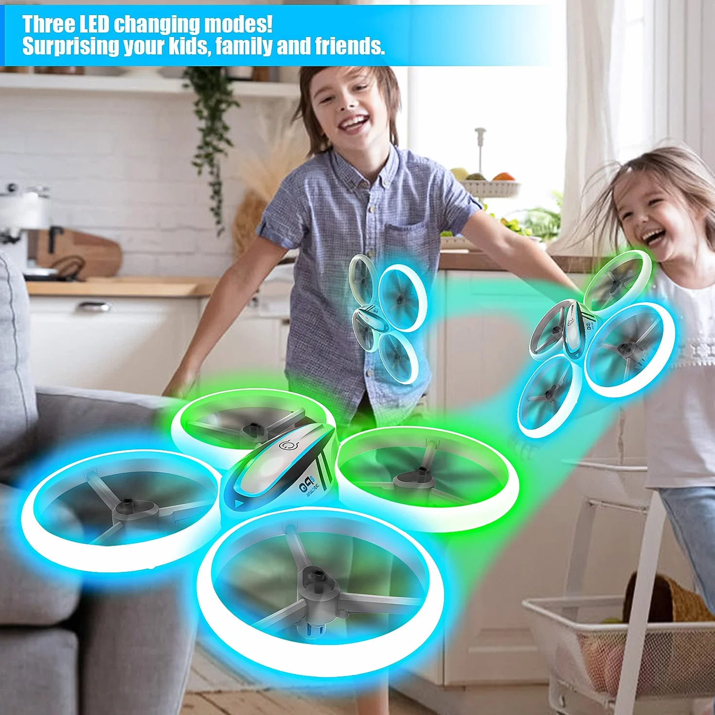 Drone Enfant Hélicoptère Télécommandé avec Lumières Bleues et Vertes, Deux Batteries, RC Quadricoptère Maintien d'Altitude