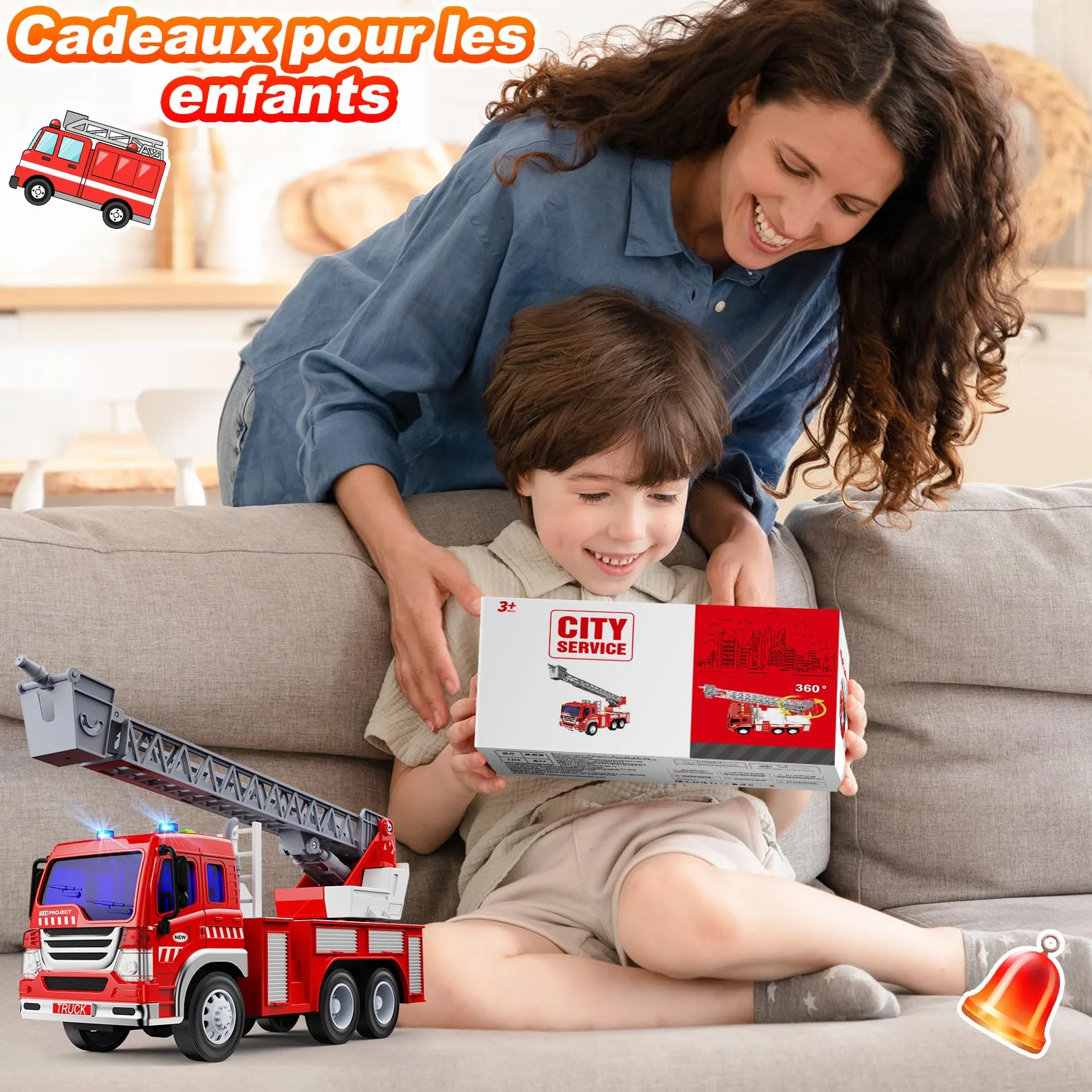 Gros Camion Pompier Jouet XXL avec Échelle Sonore et Lumineux, Fire Truck Cadeau Anniversaire Enfant 3-8 Ans Rouge