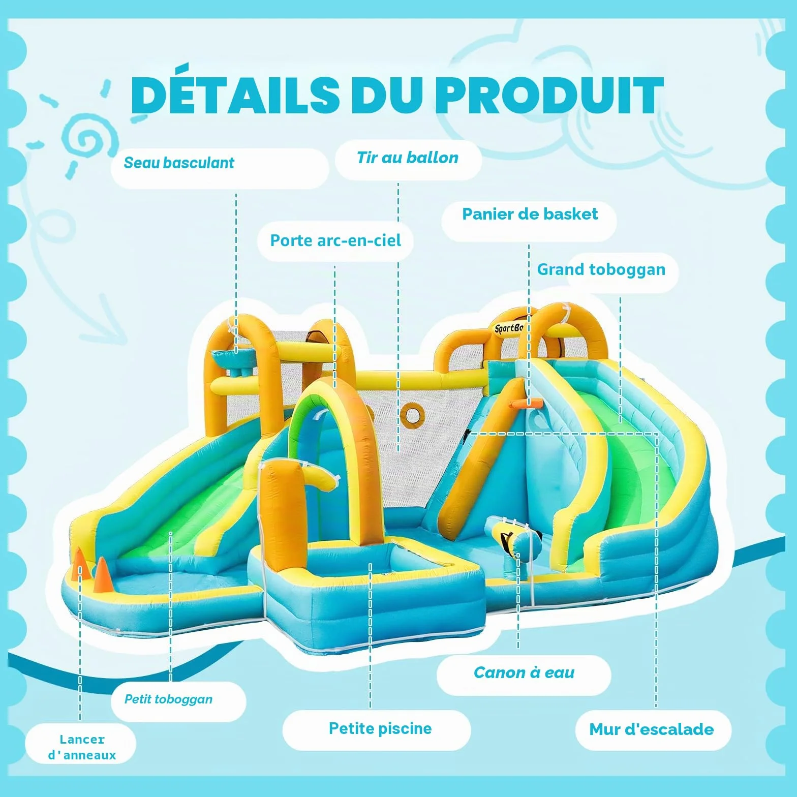 Chateau Gonflable avec Toboggan Double, Aire de Jeux Gonflable pour Enfants, Parc Aquatique avec Piscine d'Éclaboussures