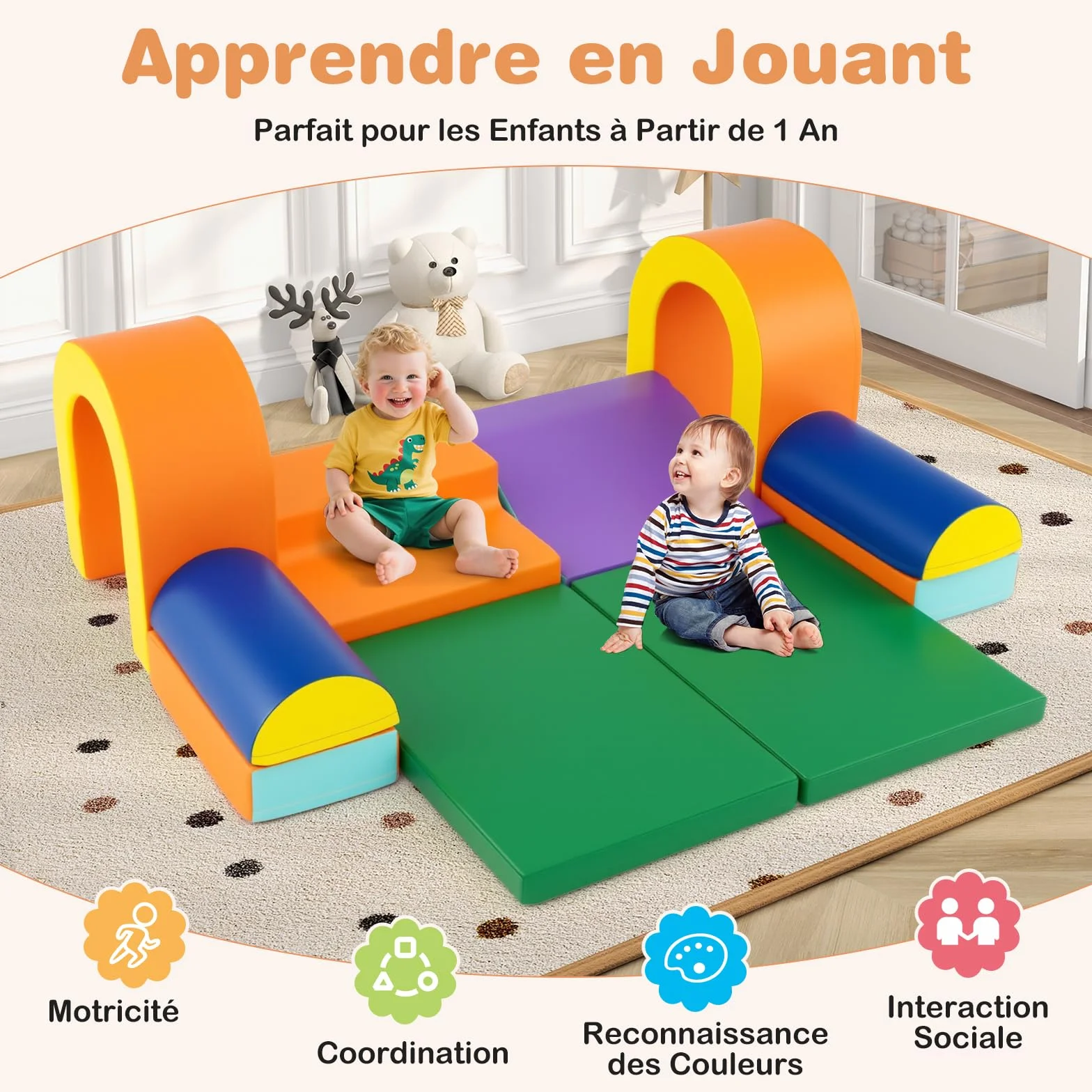 COSTWAY Module Motricité Bébé avec Toboggan & Escalier, Parcours Motricité en Mousse, Jouets Éducatifs Orange