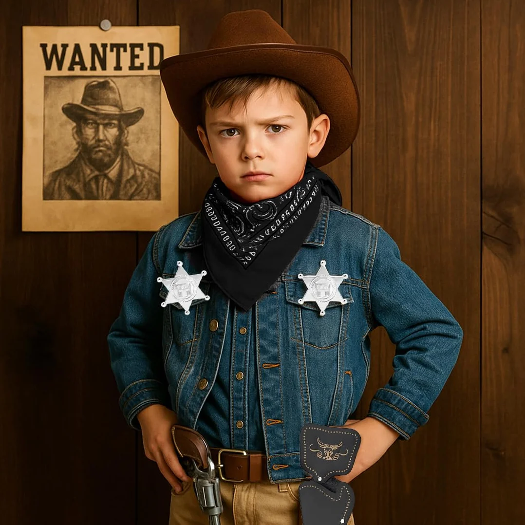Cowboy Costume Accessoires 5 Pièces Bandana Ceinture Holsters Badge Métal Déguisements Garçons Filles Halloween