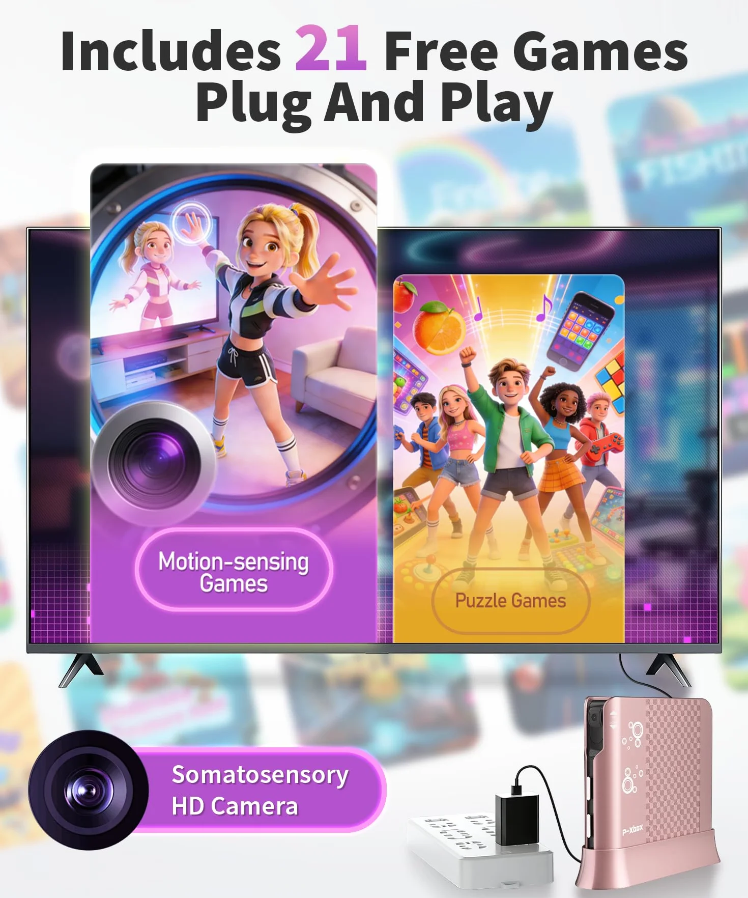Console de Jeux pour Enfants avec Jeux de Mouvement Plug & Play pour TV, Activité Physique en Intérieur