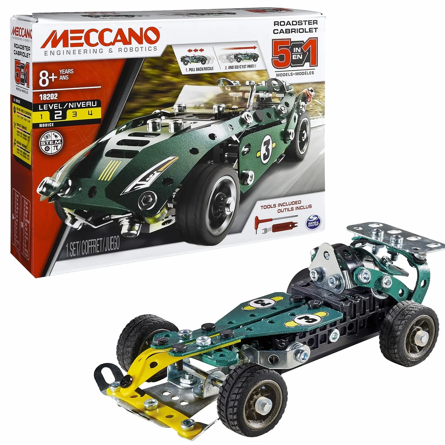 Bandai Meccano Cabriolet Rétro Friction Coffret Construction 225 pièces Moteur Rétro-Friction Jouet Enfant 8 ans+