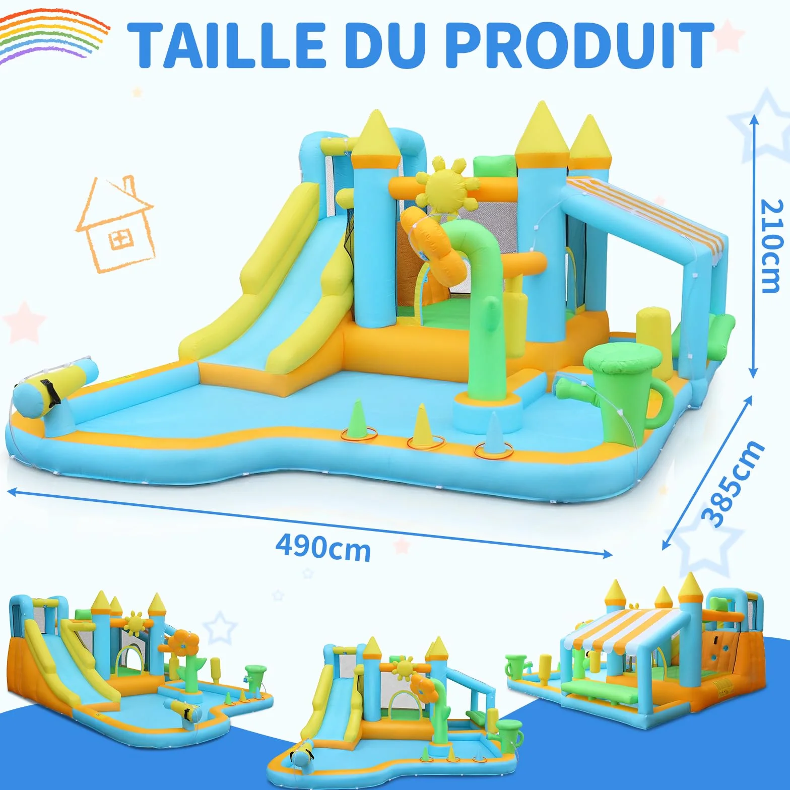 LEADZM Château Gonflable Jardin avec Souffleur, Cabane de Vente, Fleur Gonflable, Pulvérisateur d'eau, Arrosoir, 490 x 385 x 210 cm