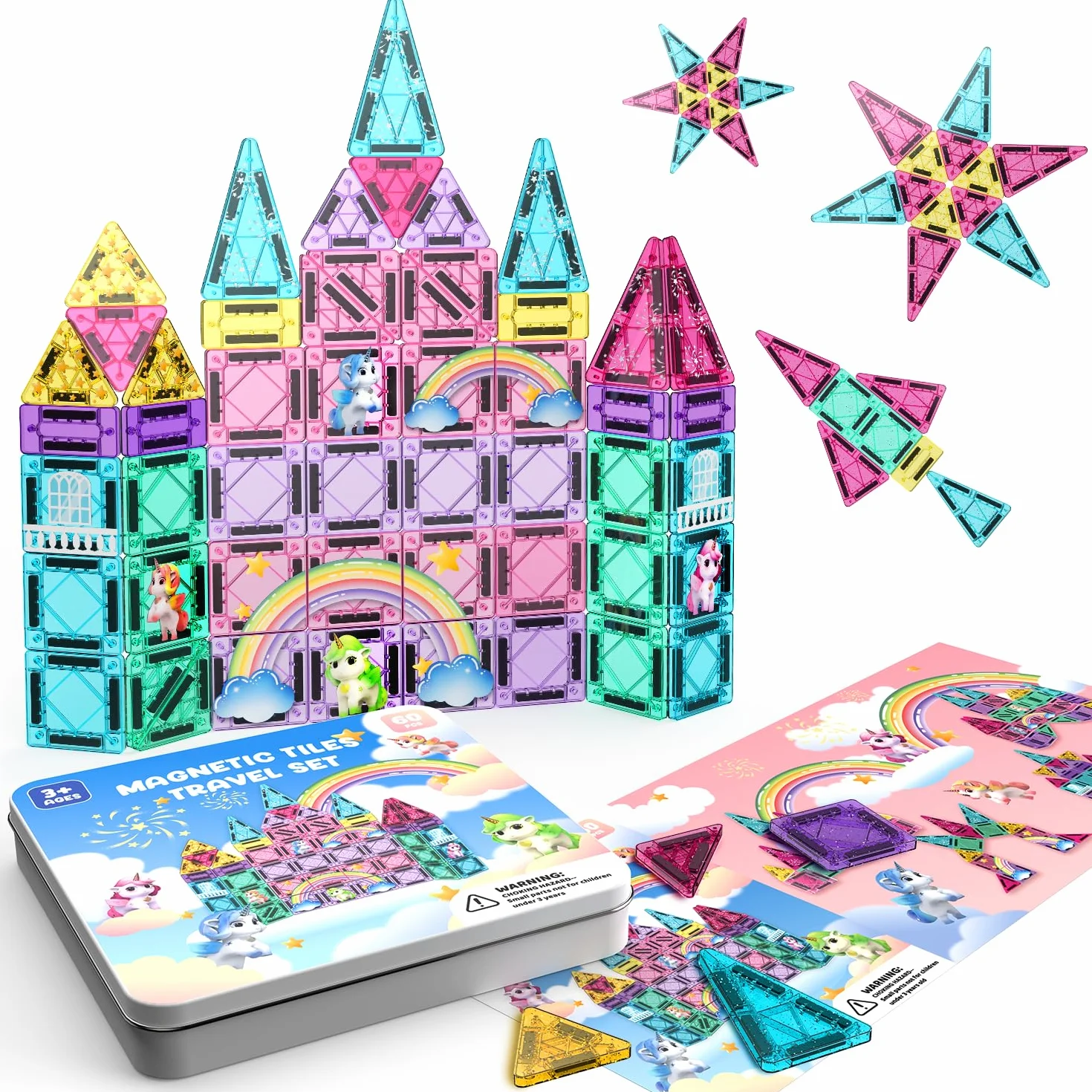 ACELIFE Lot de 60 blocs de construction magnétiques Montessori - Jouets magnétiques pour enfants - Kit de voyage STEM - Carreaux magnétiques portables