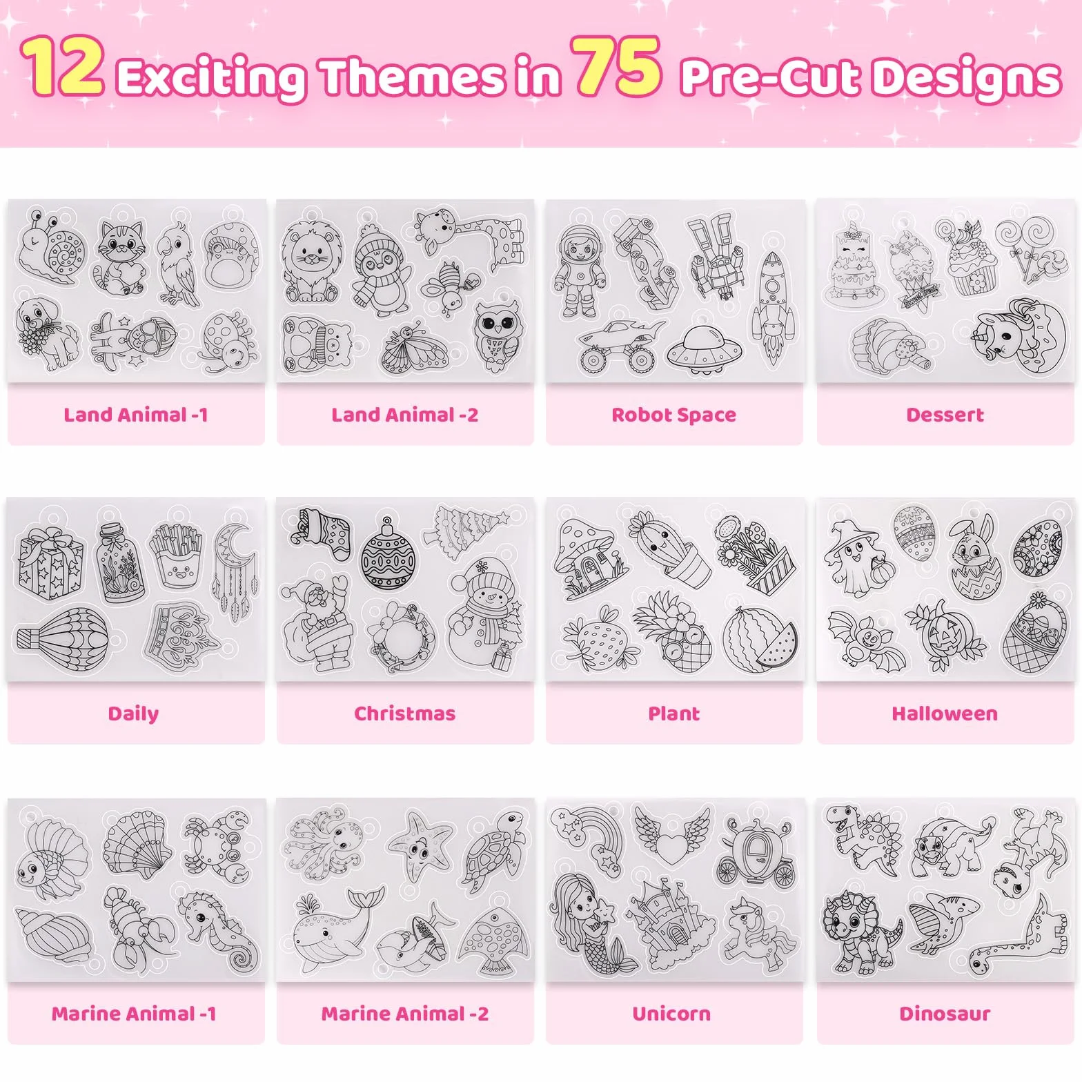 Kit de Porte-Clés en Papier Rétractable 201 Pièces, 24 Feuilles Transparent, 12 Feuilles Prédécoupées 75 Motifs, avec Perforatrice et Porte-Clés
