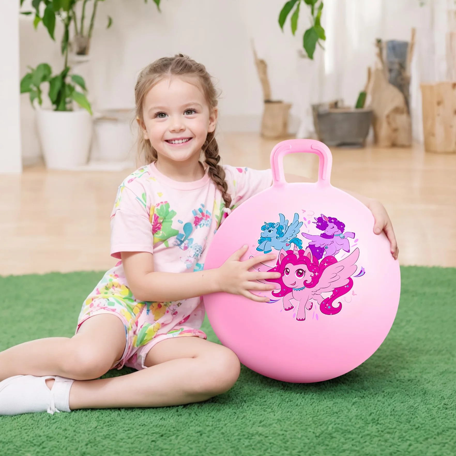 INPODAK Balle Sauteuse 45cm avec Poignée Jouet Sauteur Enfants 3-8 Ans Licorne Rose