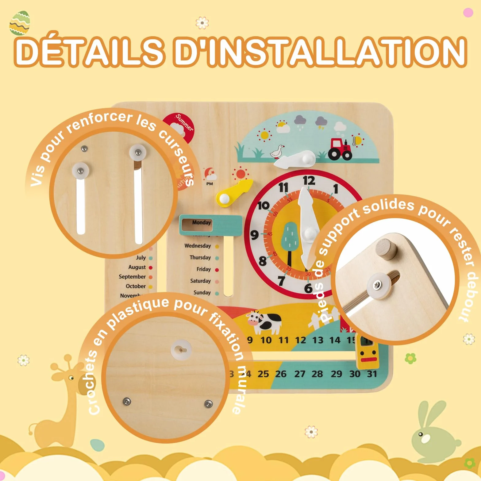 GOPLUS Calendrier Enfant Éducatif 7 en 1, Planche d'Activité d'apprentissage des Mois, Semaines, Jours, Saisons, Heure, Météo, Jouet Montessori Motricité en Bois pour 3+ Ans