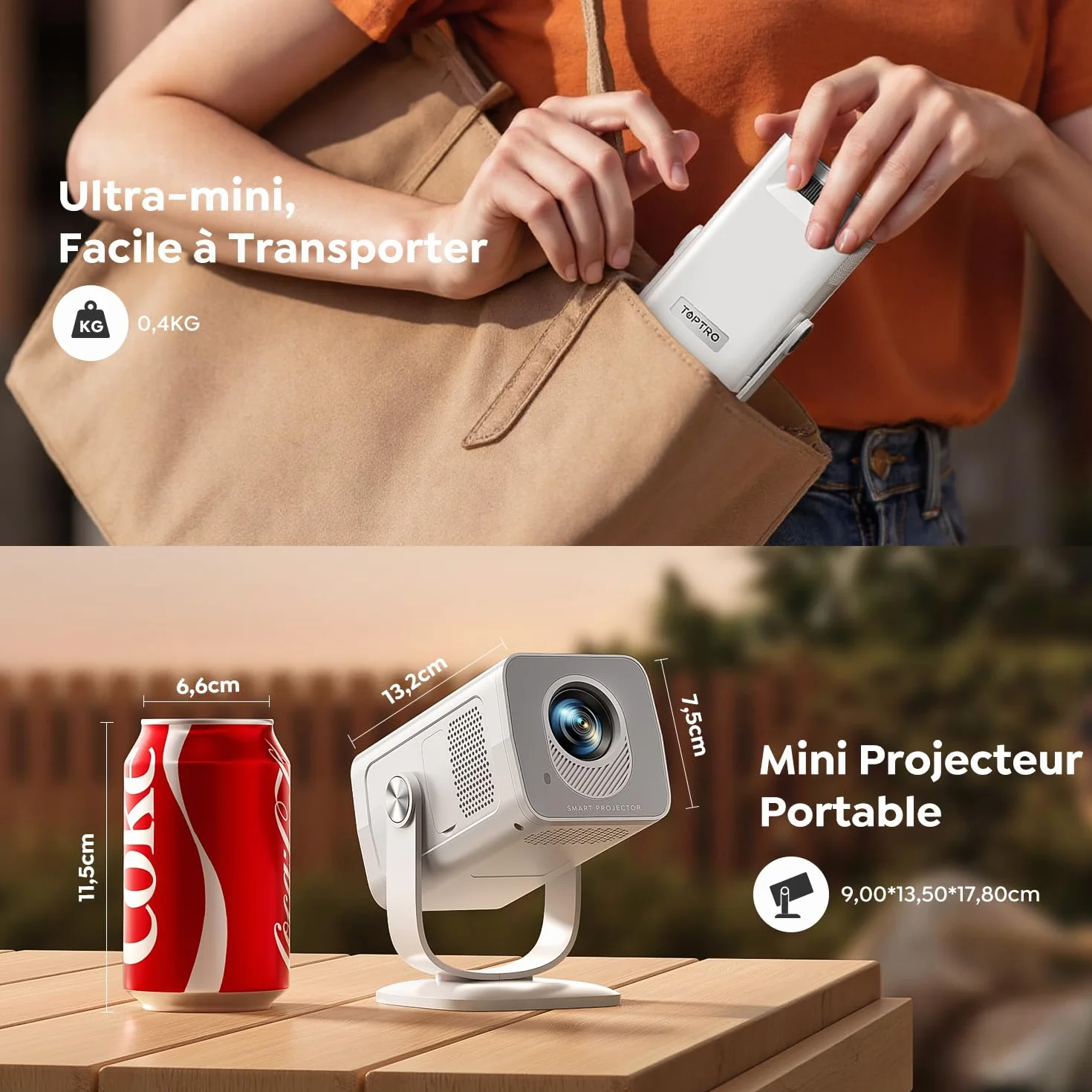 TOPTRO Mini Projecteur 4K Android 14 WiFi6 Bluetooth 5.4 1080P FHD Portable Home Cinéma