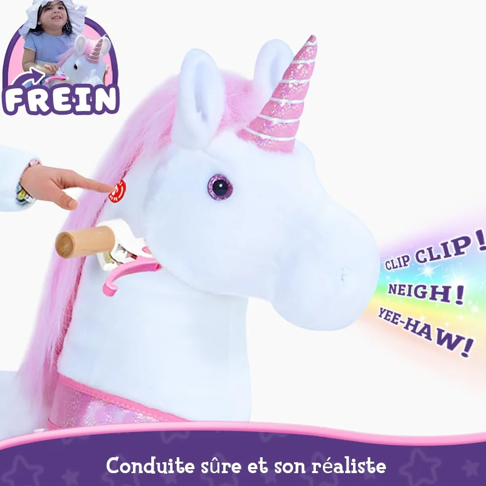 PoneyCycle Officiel Classique Modèle U Licorne Rose Jouet en Peluche sur Roues avec Frein et Son Hauteur 90cm Taille 4 pour 4-7 Ans