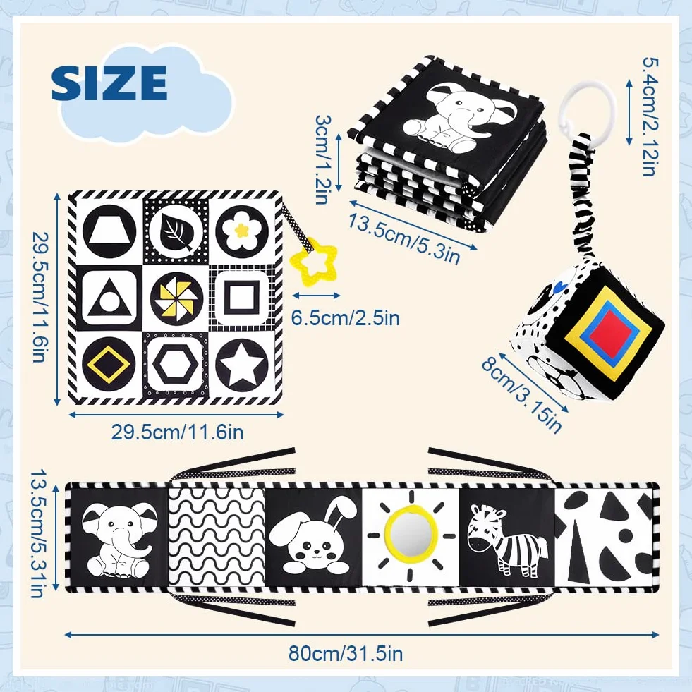 Jouets sensoriels noirs et blancs à contraste élevé pour bébé 0-12 mois, ensemble Montessori avec anneau de dentition et hochet