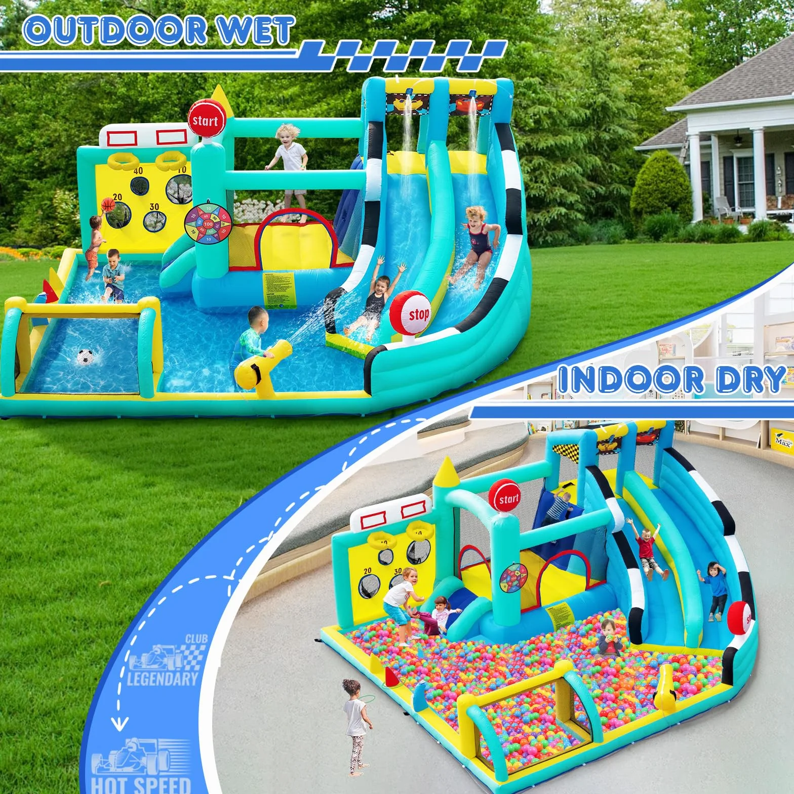Château Gonflable XXL avec Toboggan pour Enfants Extérieur, Aire de Jeux avec Trampoline, Murs d'escalade, Piscine, 470×400×220cm, 225kg