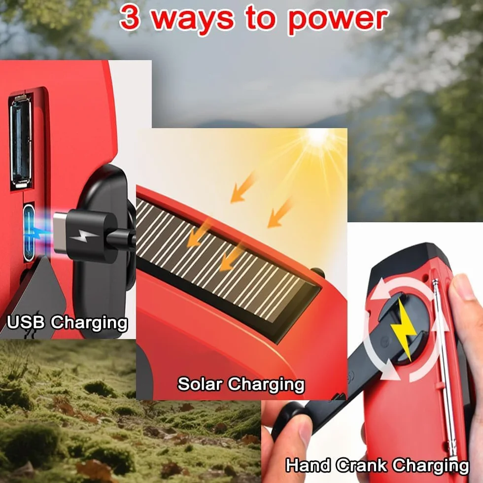 Radio solaire d'urgence portable 2000 mAh avec alarme SOS et chargeur USB
