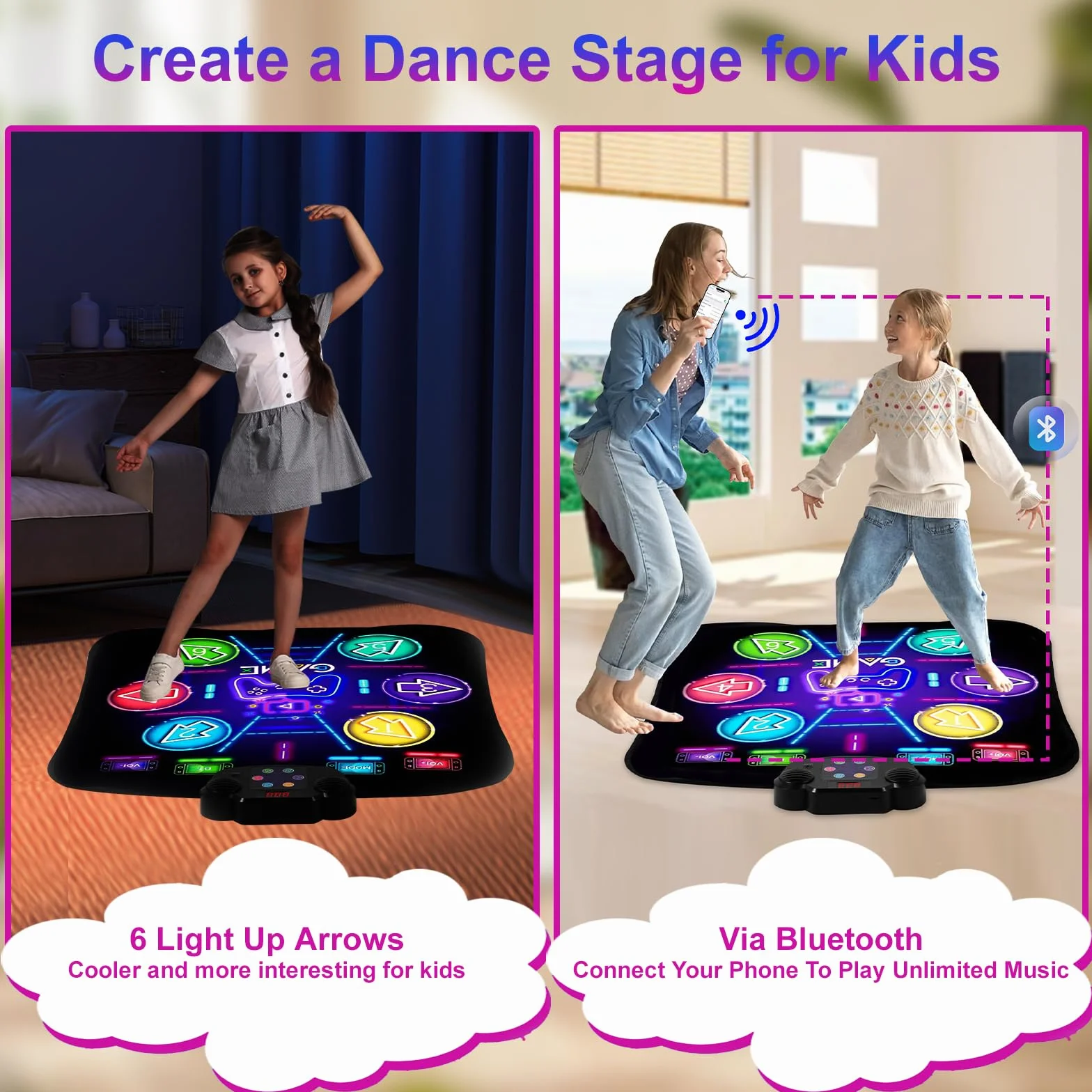 Tapis de Danse pour Enfants 3-8 Ans, Rechargeable Bluetooth avec Batterie Grande Capacité, Musique Lumière