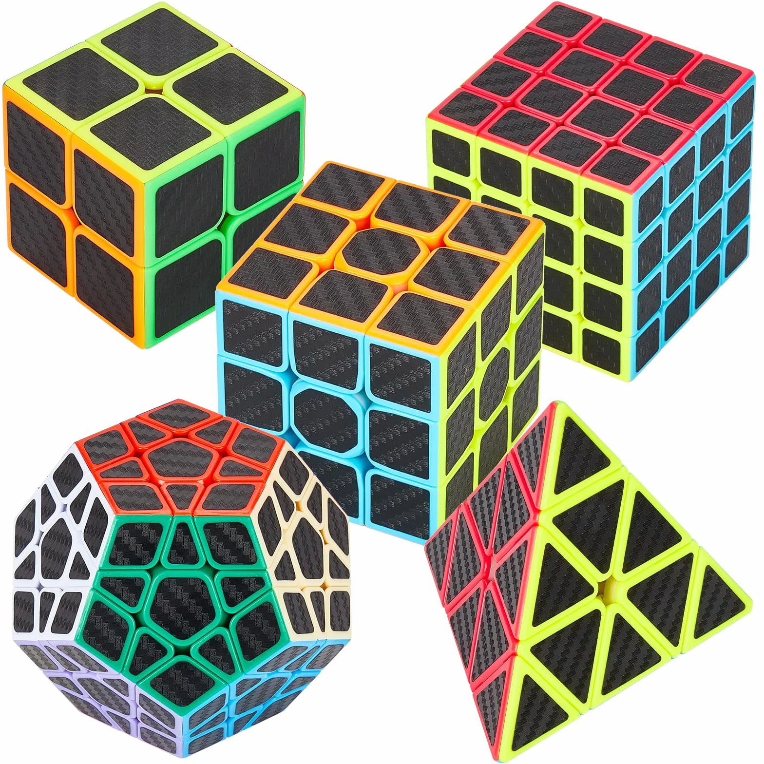Coolzon Speed Cube Set Pyraminx Megaminx 2x2 3x3 4x4 5 Pack Boîte Cadeau Cubo Autocollant Carbone Fibre Ultra Rapide