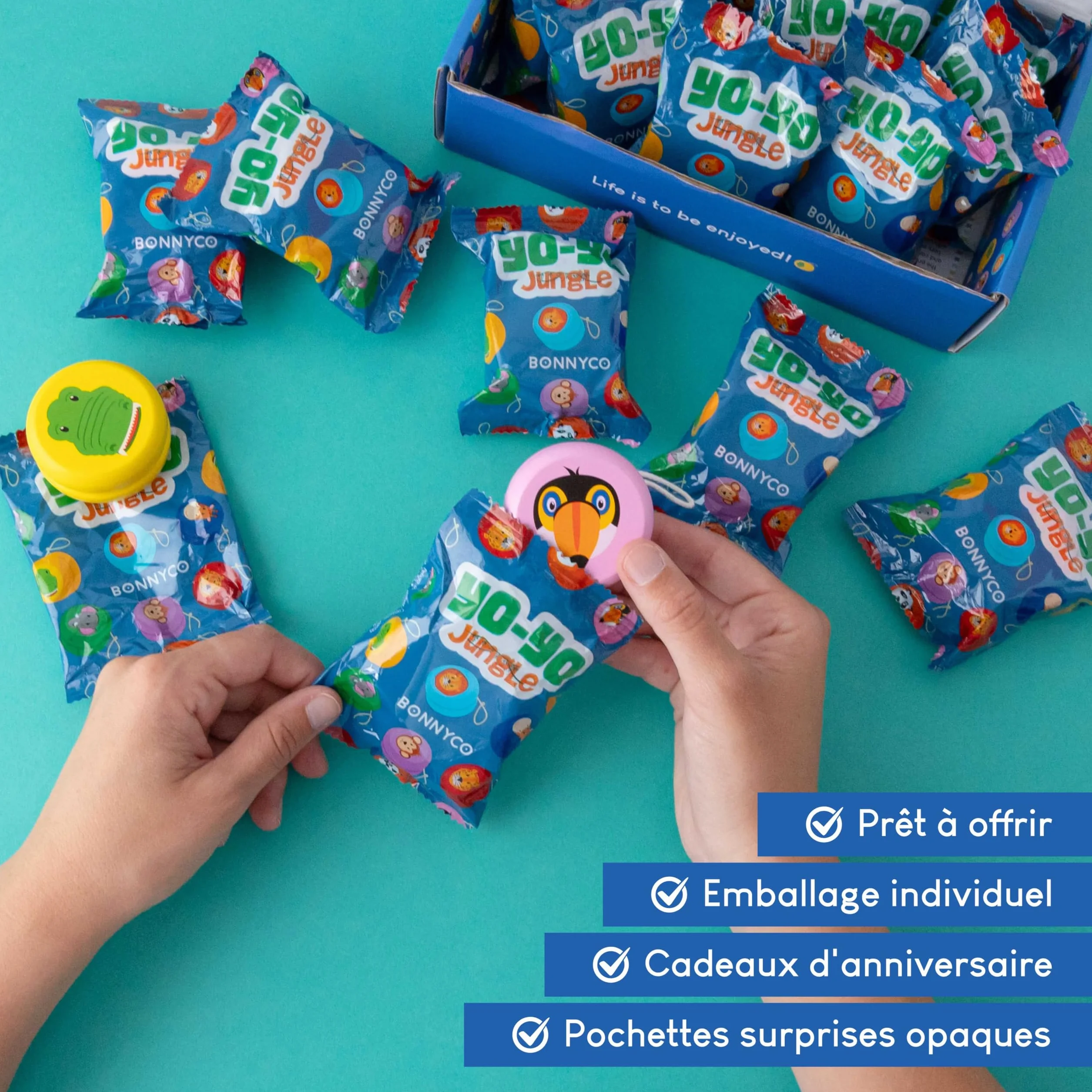 BONNYCO Yoyo Enfant Lot 16 Pièces Animaux de la Jungle Bois Cadeau Anniversaire