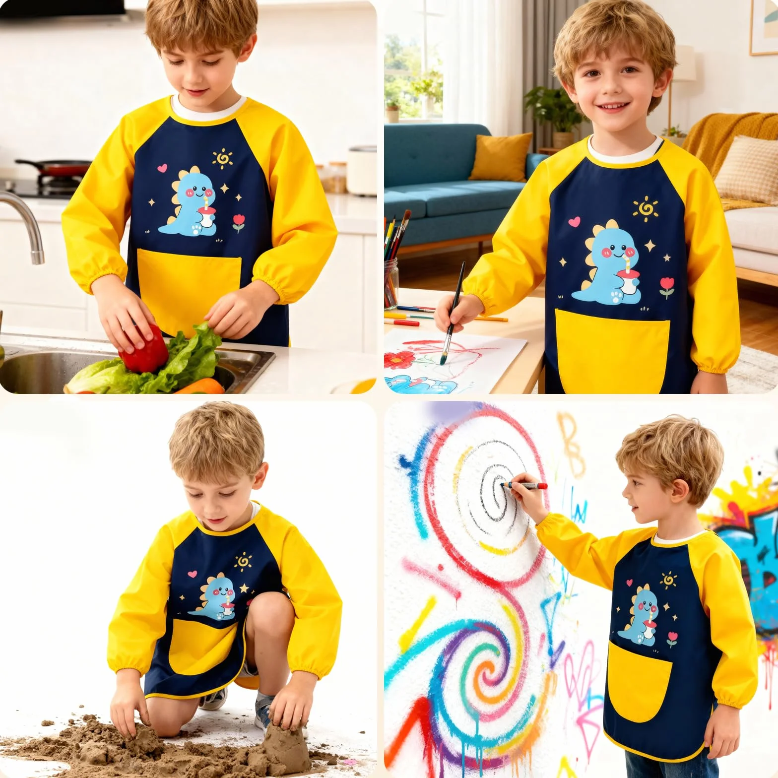 Tablier Peinture Enfant 3-8 Ans Imperméable avec Poches pour École Cuisine Garçon Fille Dinosaure