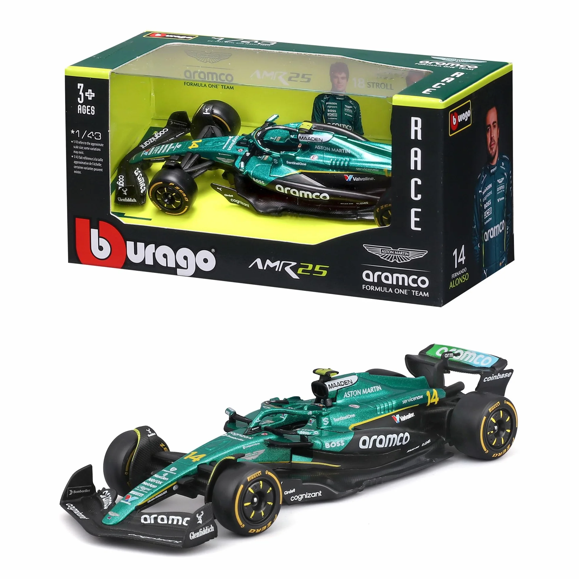 Bburago F1 Aston Martin AMR25 2025 #14 Alonso Voiture Diecast Échelle 1:43 Réplique Officielle