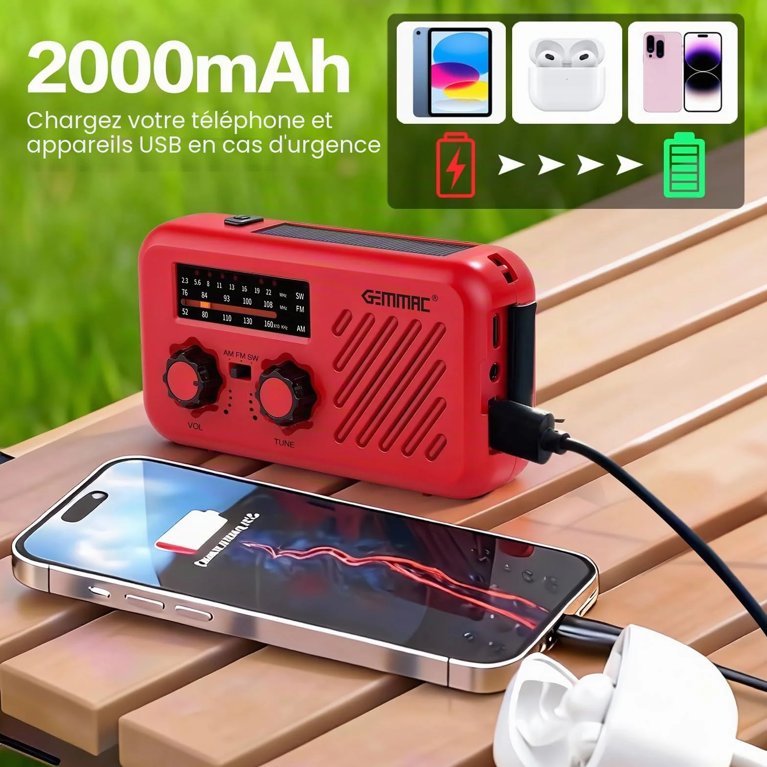 Radio d'urgence Multifonction 3 en 1 Gemmac 2000mAh Powerbank USB Recharge Solaire Dynamo LED Lampe Torche Alarme SOS AM/FM/SW Camping