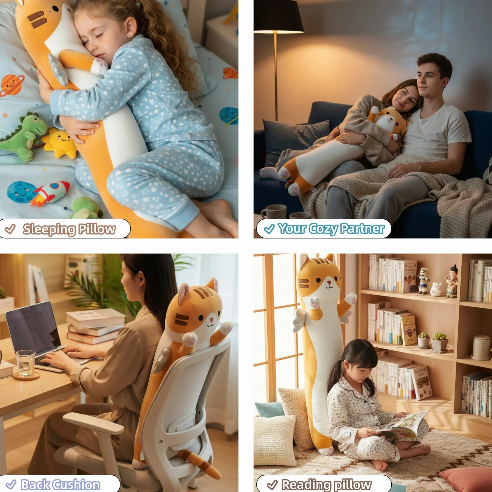 Kekeso Oreiller Peluche Chat Long 60cm Coussin Corps Mignon avec Ailes Kawaii Douce Câliner Cadeau Enfants Jaune