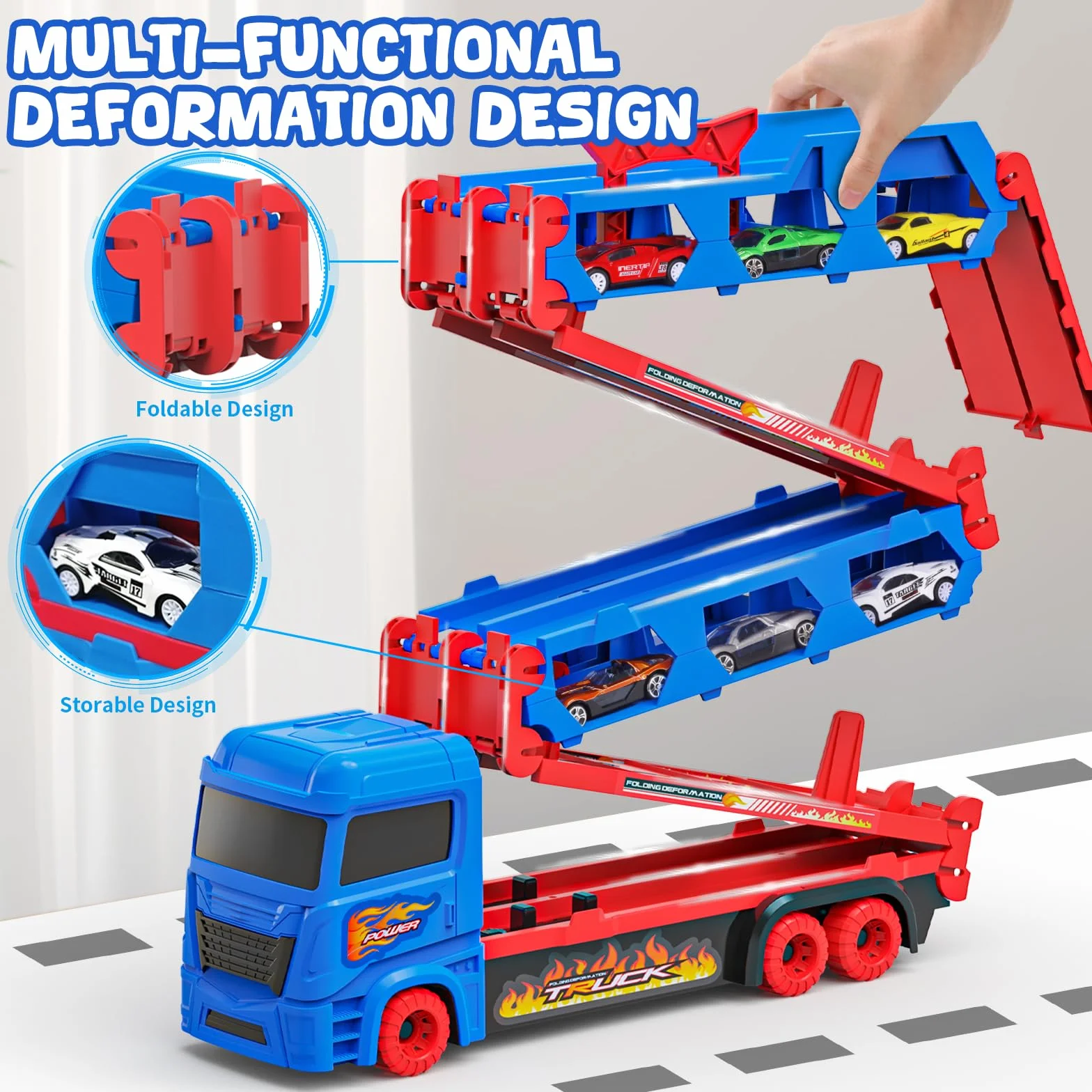 Camion Transporteur Voiture avec Pistes Pliables 165cm et 10 Mini Voitures pour Enfants 3-6 Ans