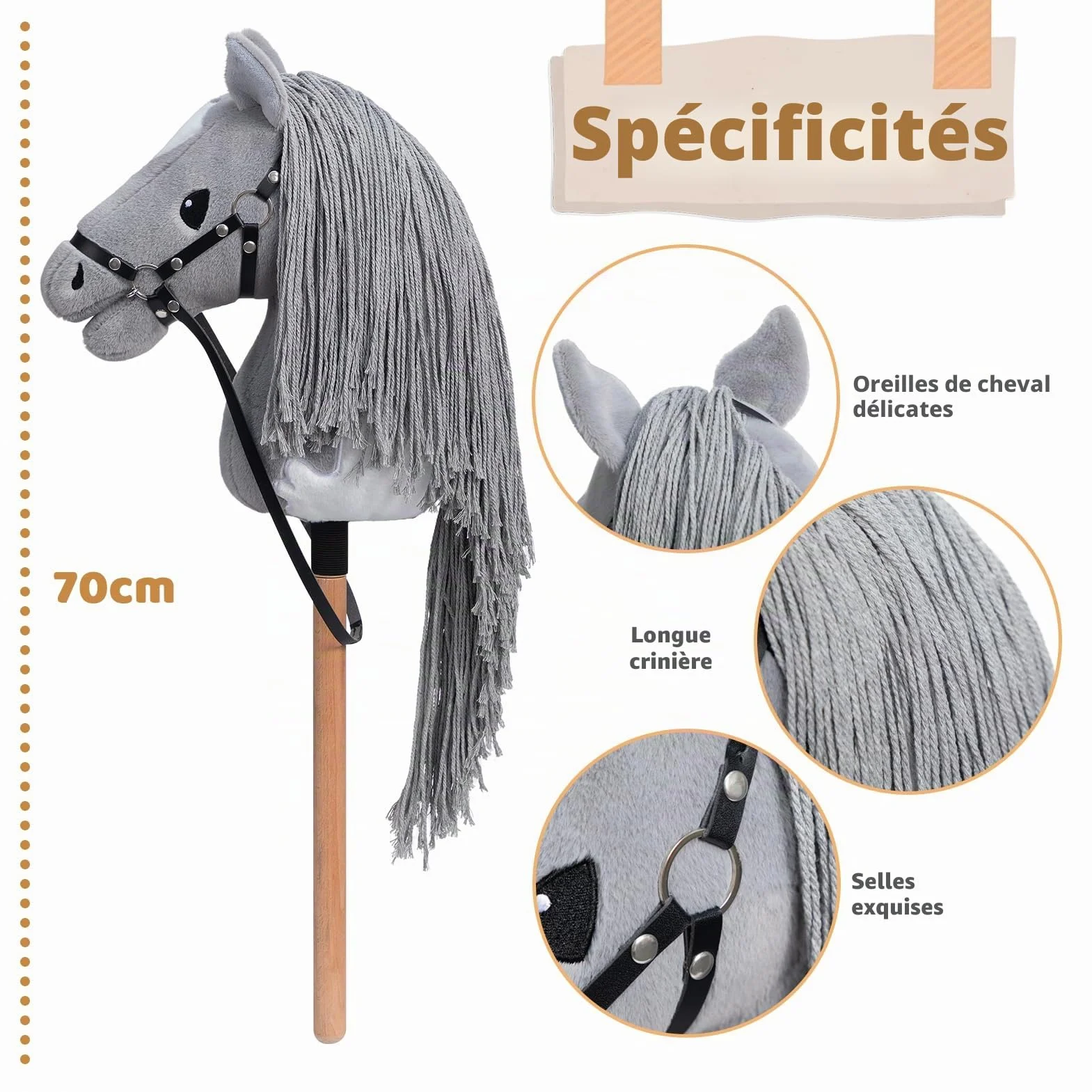 BEJOY Stick Horse Hobby Cheval sur Bâton avec Licou et Rênes Gris-Blanc