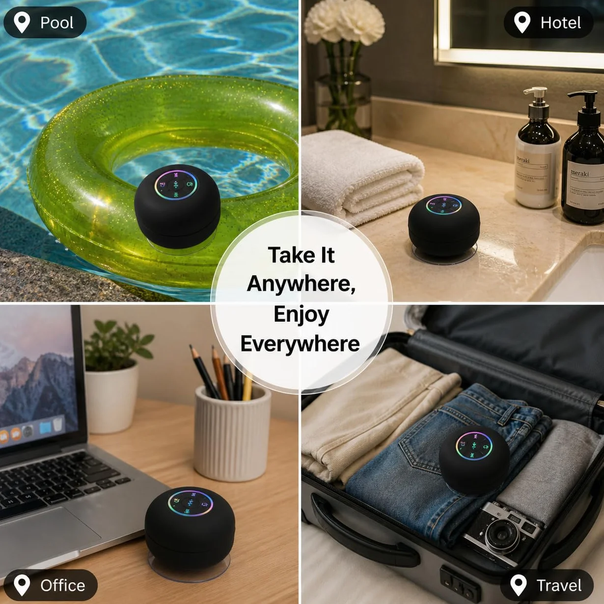 Enceinte Bluetooth étanche IPX4 portable sans fil avec LED, micro intégré, ventouse rechargeable noir