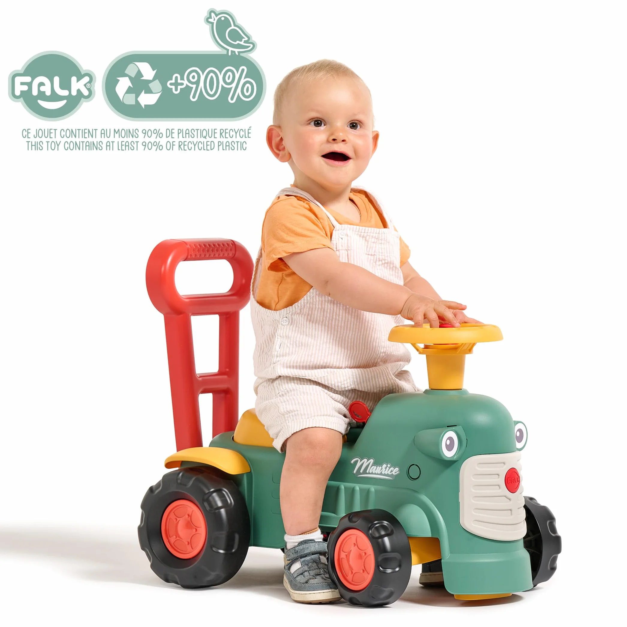 Falk Porteur Tracteur Maurice avec Barre Ergonomique d'aide à la Marche Vert 90% Plastique recyclé