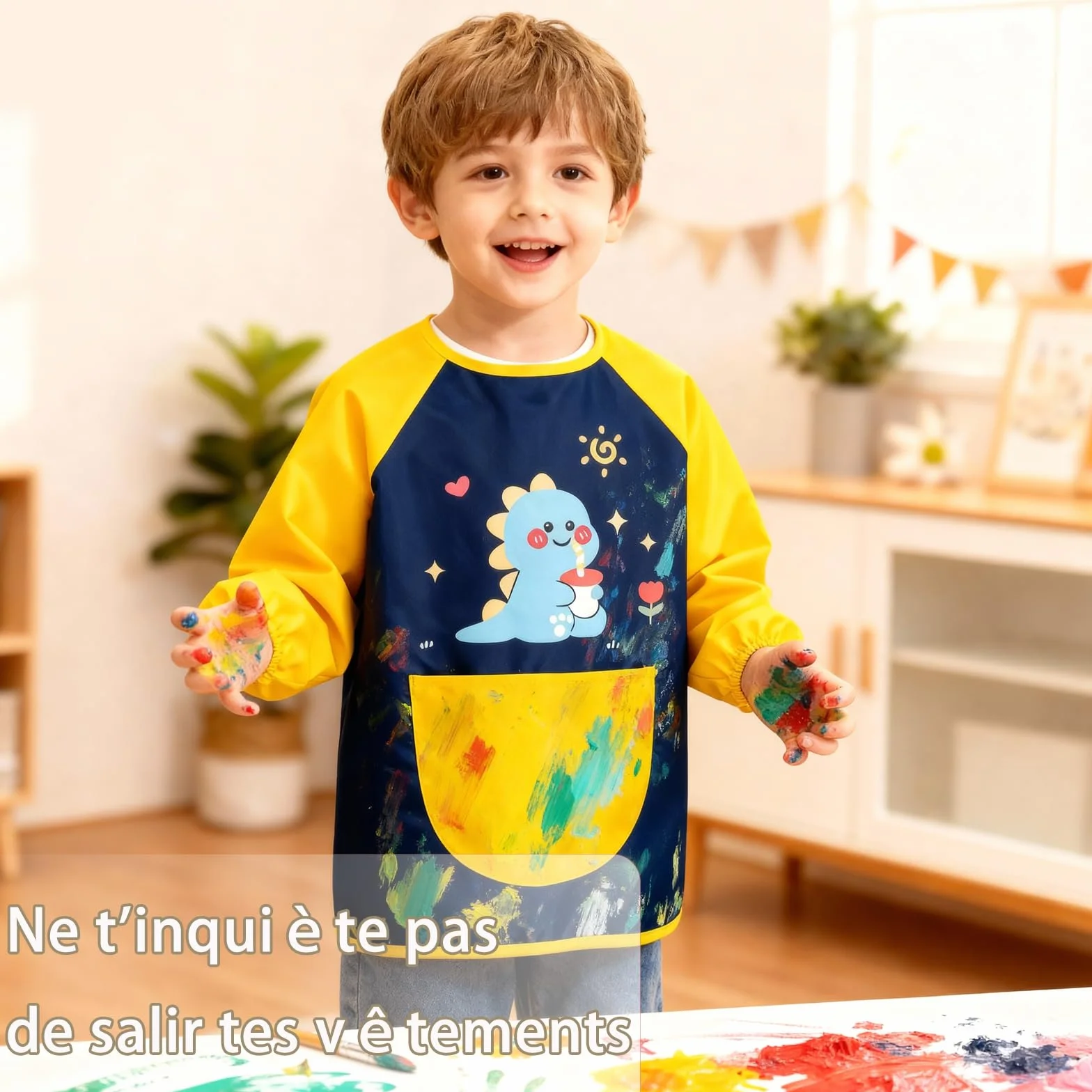 Tablier Peinture Enfant 3-8 Ans Imperméable avec Poches pour École Cuisine Garçon Fille Dinosaure