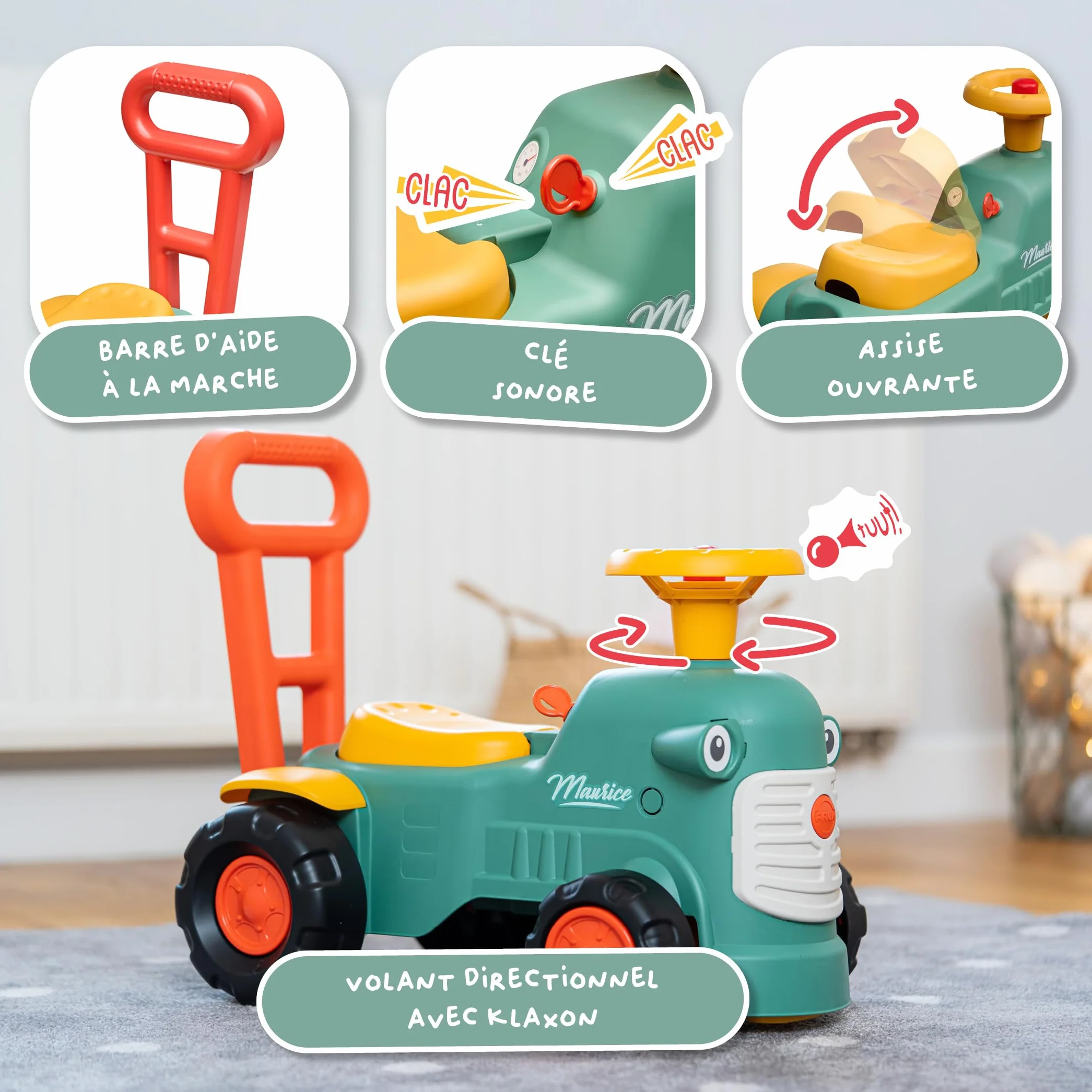 Falk Porteur Tracteur Maurice avec Barre Ergonomique d'aide à la Marche Vert 90% Plastique recyclé